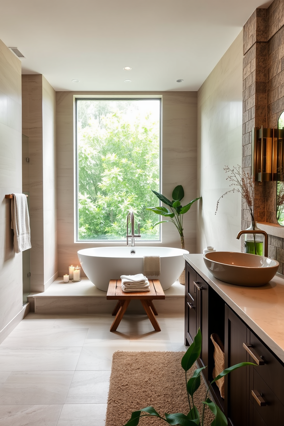 A serene spa bathroom with natural stone accents creates an atmosphere of luxury and relaxation. The walls are adorned with smooth, light-colored stone tiles, and a freestanding soaking tub is positioned near a large window, allowing for plenty of natural light. A wooden bench sits beside the tub, complemented by plush towels and a selection of aromatic candles. The vanity features a sleek design with a natural stone sink and ample storage, while lush greenery adds a refreshing touch to the space.