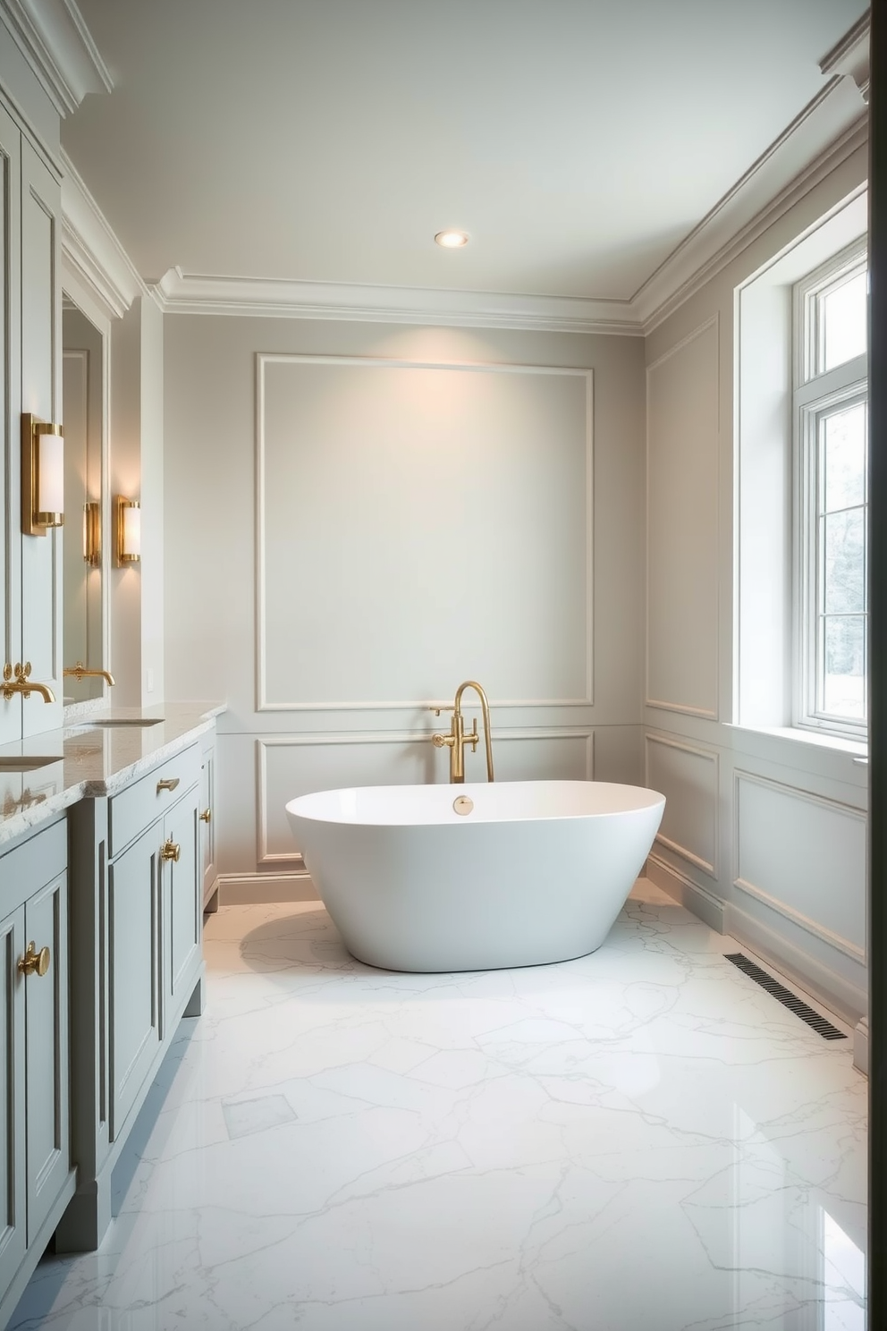 A luxurious spa bathroom featuring heated floors that provide ultimate comfort. The space includes a freestanding soaking tub positioned near a large window with natural light pouring in. Soft neutral tones dominate the walls and cabinetry, creating a serene atmosphere. Elegant fixtures in brushed gold add a touch of sophistication to the overall design.