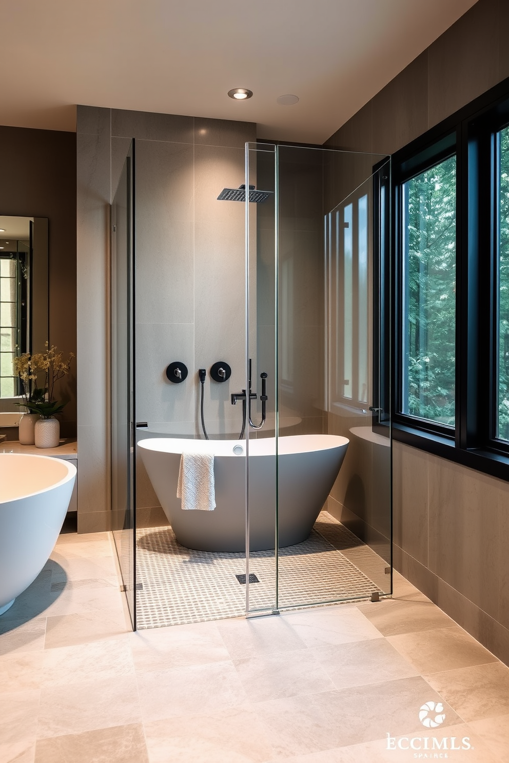 A sleek glass shower enclosure stands prominently in the corner of the spa bathroom, creating a seamless flow of light and space. The shower features a rain showerhead and minimalist fixtures, enhancing the modern aesthetic. Soft ambient lighting illuminates the room, highlighting the elegant freestanding soaking tub positioned near a large window. Natural stone tiles in soothing neutral tones cover the floor, providing a tranquil atmosphere.