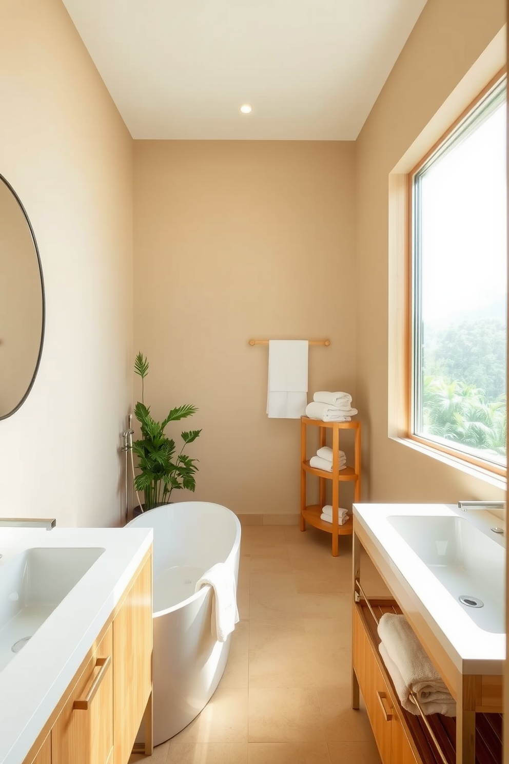 A serene spa bathroom featuring a freestanding soaking tub positioned near a large window that allows natural light to flood the space. The walls are adorned with soft beige tones, complemented by bamboo accents and a small indoor plant for a touch of greenery. The vanity is sleek and unobtrusive, made from light wood with a smooth white countertop. Simple round mirrors hang above the sinks, and plush white towels are neatly arranged on a wooden shelf nearby.