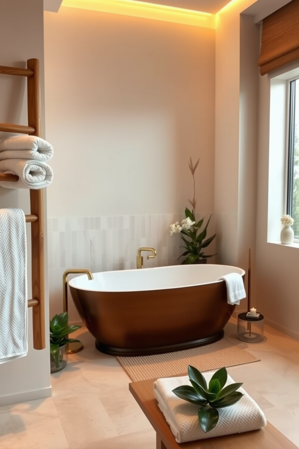 A serene spa bathroom retreat featuring a freestanding soaking tub positioned under a large window that lets in natural light. The walls are adorned with soft beige tones, and the floor is covered in large white tiles, complemented by textured rugs that add warmth and comfort. Incorporate a double vanity with elegant vessel sinks and brushed gold fixtures. Surround the space with lush greenery and candles for a tranquil atmosphere.