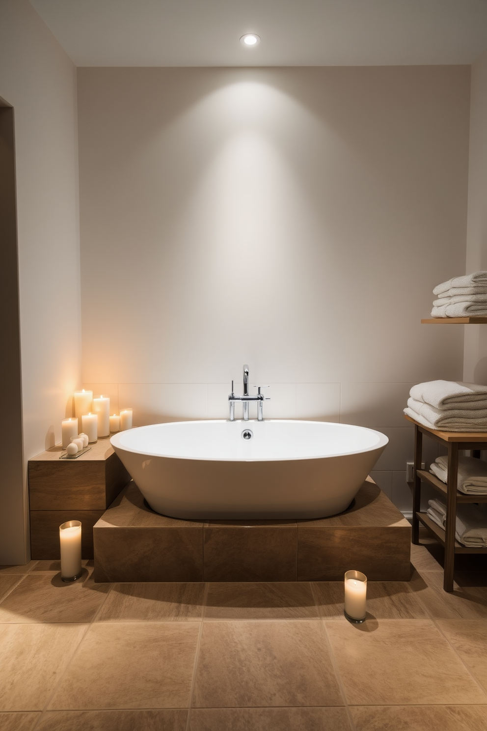 A serene spa bathroom setting designed for relaxation. Soft lighting creates a tranquil atmosphere, with strategically placed candles illuminating the space. The centerpiece is a freestanding soaking tub surrounded by natural stone tiles. Plush towels are neatly arranged on a nearby shelf, enhancing the calming aesthetic.