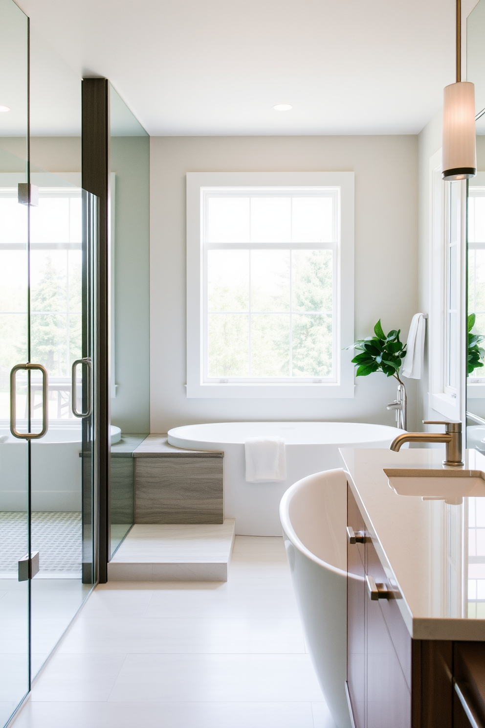 A luxurious spa bathroom featuring a spacious walk-in shower with a sleek glass enclosure. The shower area includes a built-in bench made of natural stone, providing a serene space for relaxation. The freestanding soaking tub is positioned near a large window, allowing natural light to flood the room. Soft neutral tones dominate the color palette, complemented by elegant fixtures in brushed nickel.