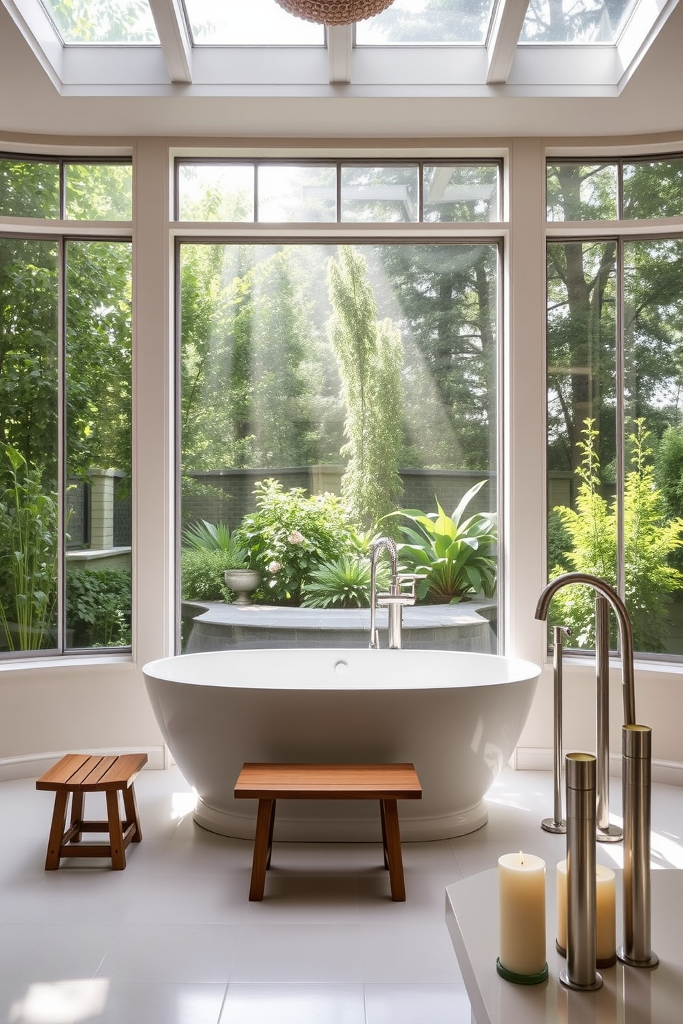 A serene spa bathroom setting filled with natural light pouring in through large floor-to-ceiling windows. The space features a freestanding soaking tub positioned in front of the windows, surrounded by lush greenery for a tranquil ambiance. Soft neutral tones dominate the decor, with a wooden bench placed beside the tub for added comfort. Elegant fixtures in brushed nickel complement the overall design, while a collection of scented candles enhances the relaxing atmosphere.