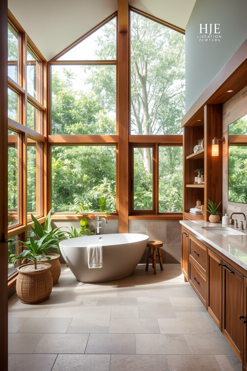 A serene spa bathroom featuring vintage decor elements that exude charm. The space includes a freestanding clawfoot tub surrounded by potted plants and soft, ambient lighting. Antique fixtures such as a brass faucet and a vintage-style chandelier enhance the relaxing atmosphere. The walls are adorned with floral wallpaper, and a rustic wooden shelf displays neatly rolled towels and scented candles.