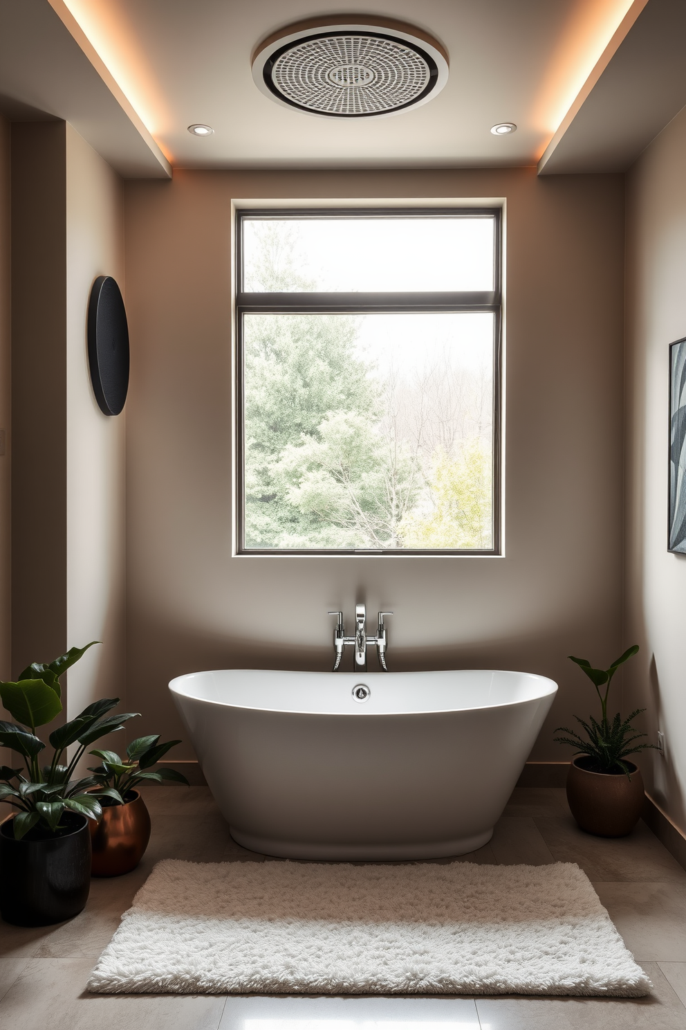 A tranquil spa bathroom setting featuring a freestanding soaking tub positioned near a large window that allows natural light to flood the space. The walls are adorned with calming neutral tones, and a plush area rug lies beneath the tub, enhancing the serene atmosphere. A sleek sound system is integrated into the ceiling, providing soothing music to elevate the relaxation experience. Elegant potted plants are placed strategically around the room, adding a touch of nature and freshness to the design.