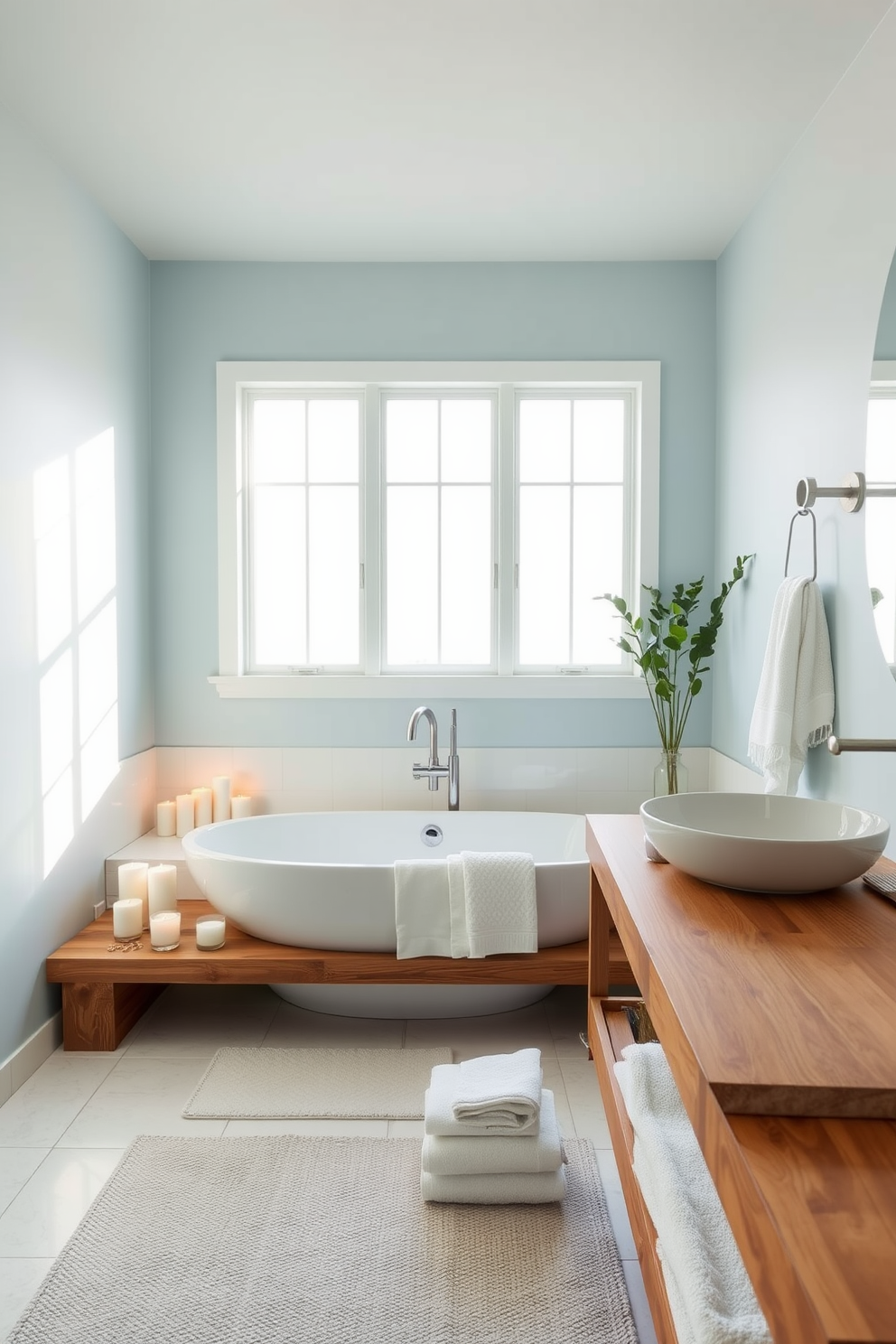 A serene spa bathroom with a soothing color palette featuring soft blues and whites. The space includes a freestanding soaking tub surrounded by candles and a large window that lets in natural light. Natural wood accents complement the tranquil atmosphere, with a floating vanity made of reclaimed wood. Plush towels in light shades are neatly arranged, and a small indoor plant adds a touch of greenery to the design.