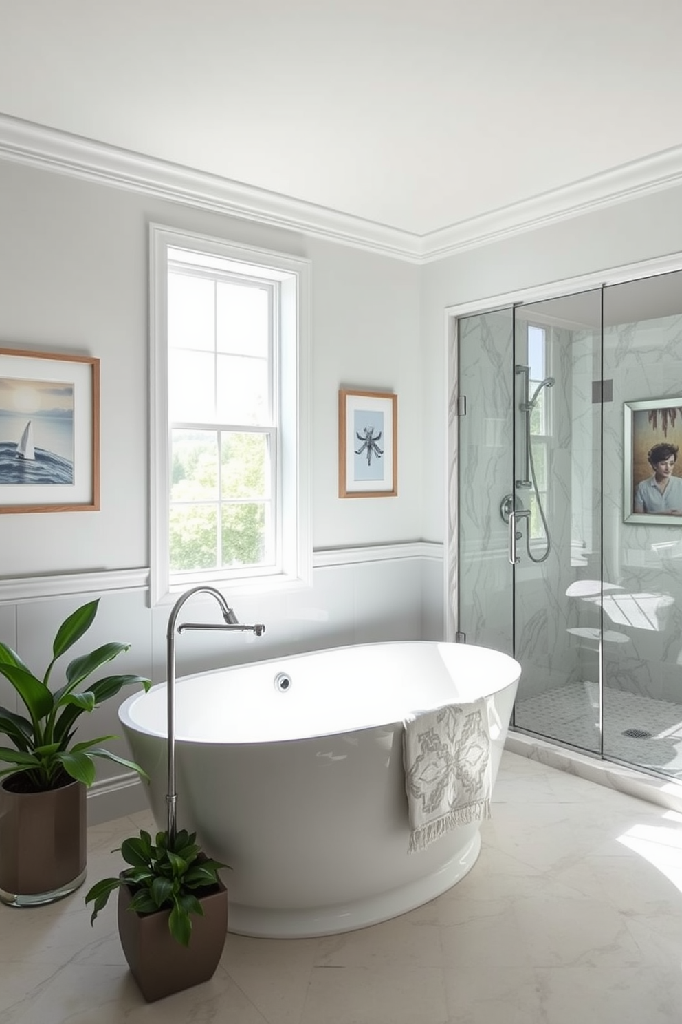 A serene spa bathroom featuring ocean-inspired decor. The walls are painted in soft shades of blue and sandy beige with seashell accents throughout. A freestanding soaking tub sits center stage, surrounded by natural stone tiles that mimic the shoreline. A large window allows natural light to flood the space, showcasing a view of the ocean beyond.