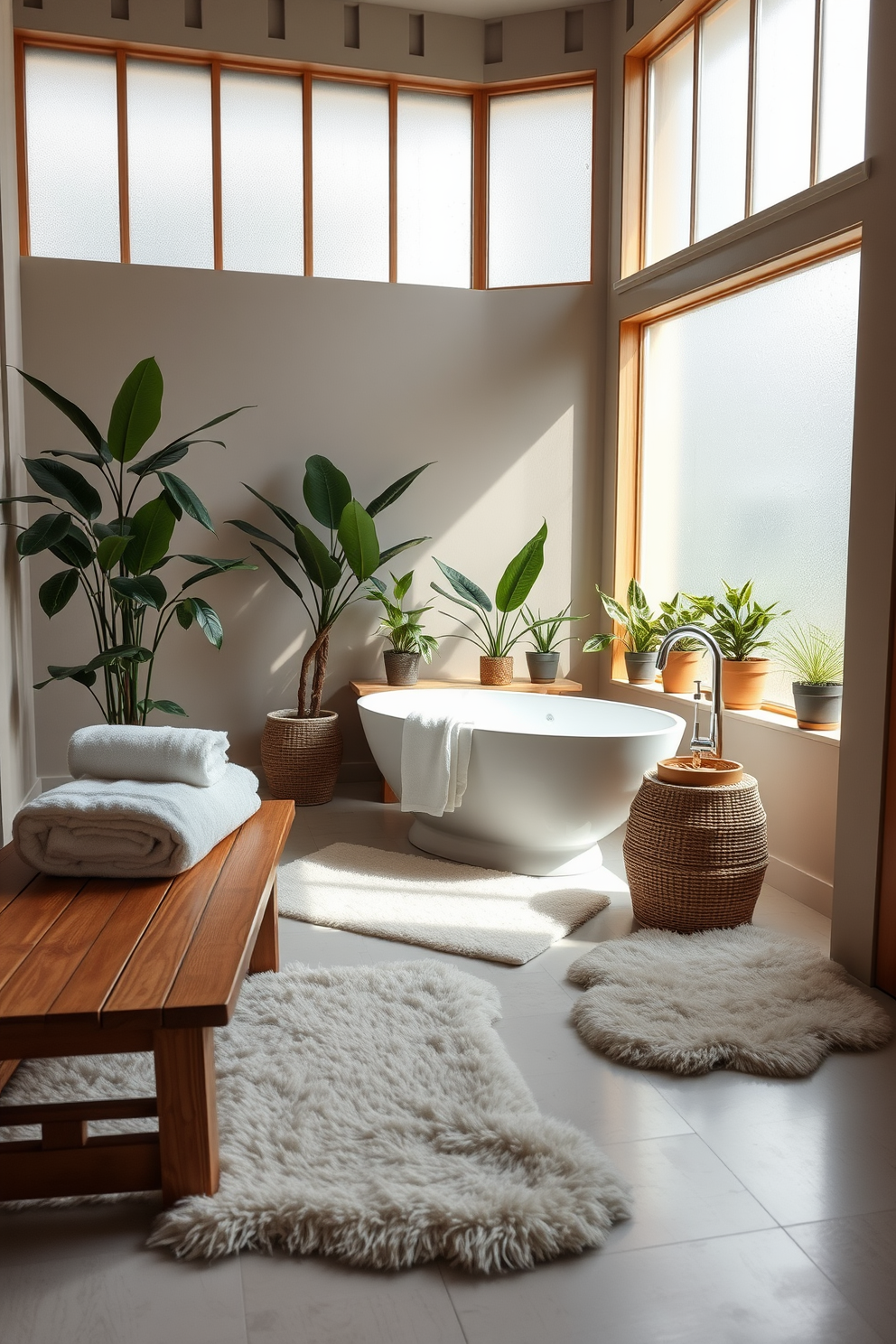 A serene spa bathroom setting designed for relaxation. The floor is covered with plush soft rugs that invite comfort underfoot. Natural light filters through frosted glass windows, illuminating a freestanding soaking tub surrounded by potted plants. A wooden bench adorned with fluffy towels sits nearby, enhancing the tranquil atmosphere.