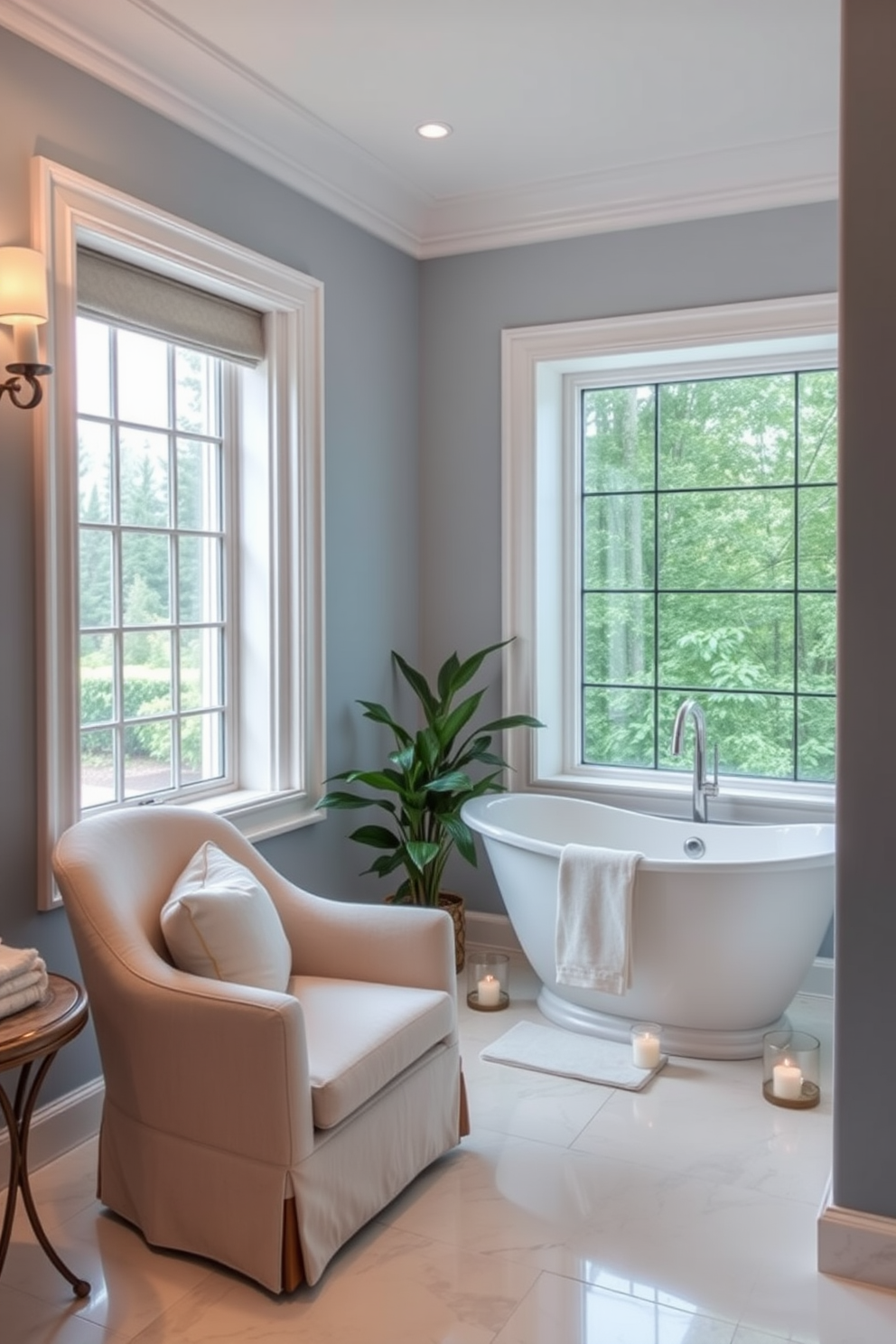 A serene spa bathroom featuring a small seating area. The space includes a plush armchair upholstered in soft, neutral fabric positioned near a large window that allows natural light to flood in. The walls are adorned with calming shades of blue and white, creating a tranquil atmosphere. A freestanding soaking tub is elegantly placed in the corner, surrounded by lush greenery and scented candles for a relaxing ambiance.