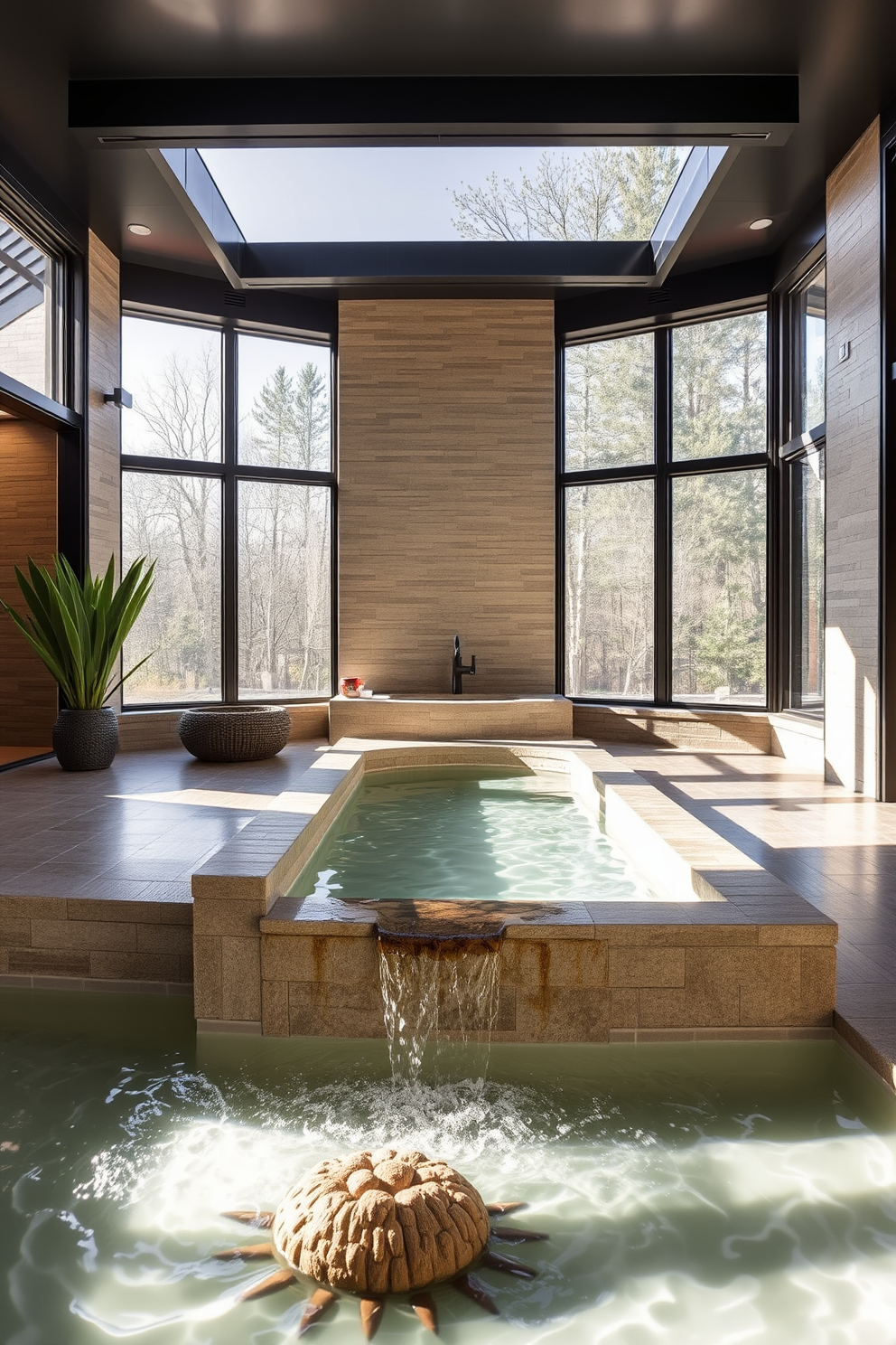 A tranquil spa bathroom setting featuring a serene water feature that gently flows, creating soothing sounds throughout the space. The walls are adorned with natural stone tiles, and large windows allow natural light to flood the room, enhancing the calming atmosphere.