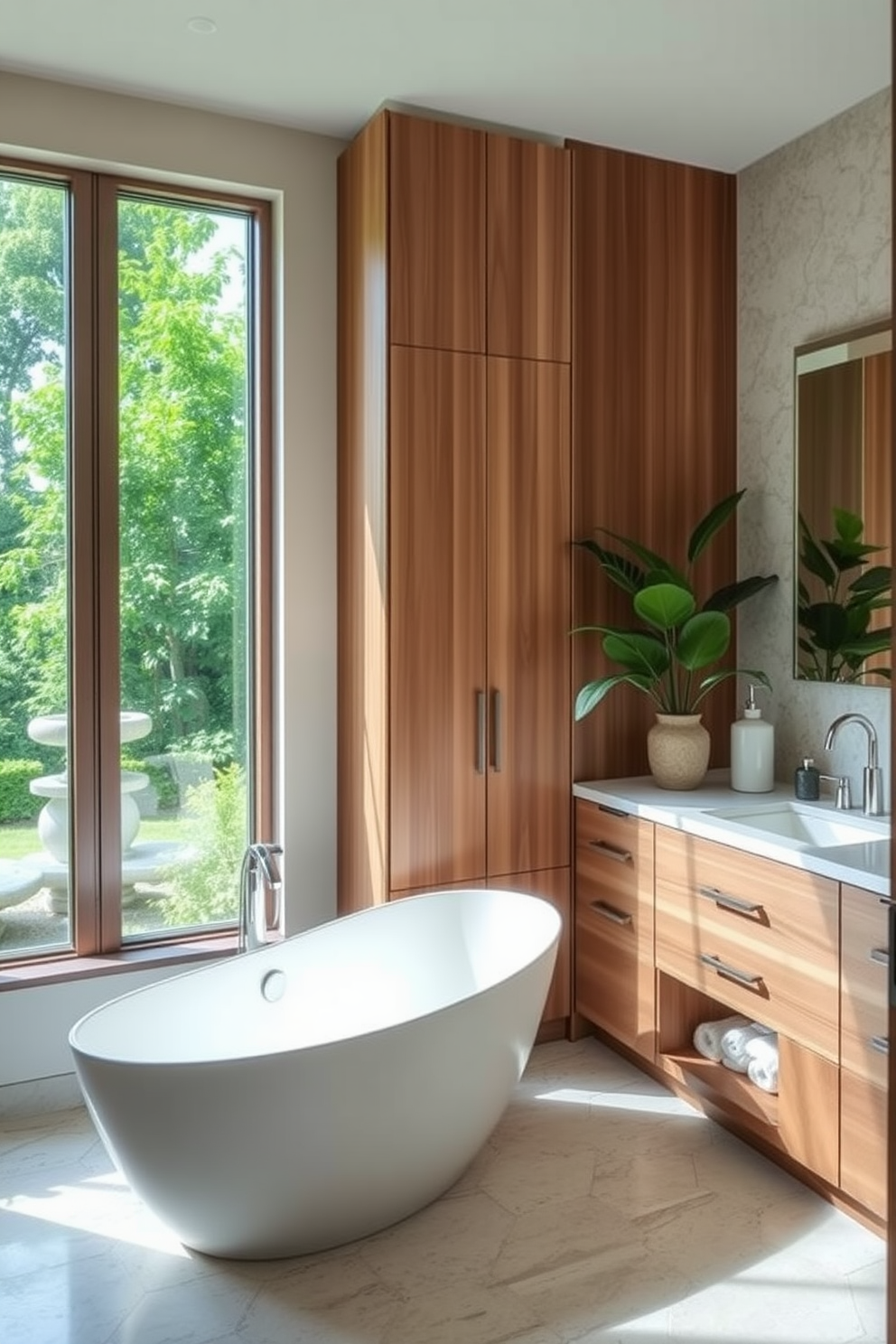 Open shelving made of reclaimed wood is installed on the walls, providing easy access to towels and toiletries. The shelves are adorned with neatly arranged baskets and decorative jars, creating a functional yet stylish display. The spa bathroom features a freestanding soaking tub positioned under a large window, allowing natural light to flood the space. Soft, neutral tones dominate the decor, complemented by lush green plants that enhance the tranquil atmosphere.