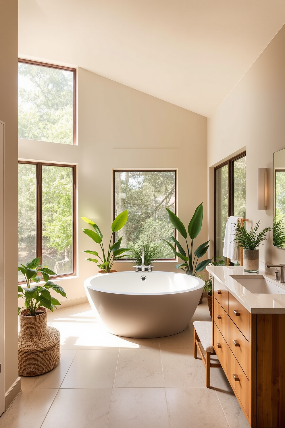 A serene spa bathroom featuring neutral tones throughout. The walls are painted in a soft beige, complemented by a light wood vanity with a white stone countertop. A freestanding soaking tub sits in the center, surrounded by plants for a calming atmosphere. Large windows allow natural light to flood the space, enhancing the tranquil feel.