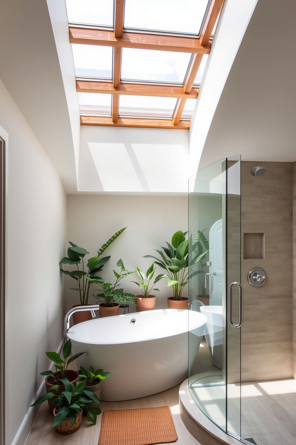 A serene spa bathroom setting featuring a large skylight that floods the space with natural light. The room includes a freestanding soaking tub positioned beneath the skylight, surrounded by potted plants for a calming atmosphere. The walls are adorned with soft, neutral tones, complemented by natural wood accents. A spacious walk-in shower with a glass enclosure and rainfall showerhead enhances the luxurious feel of the space.