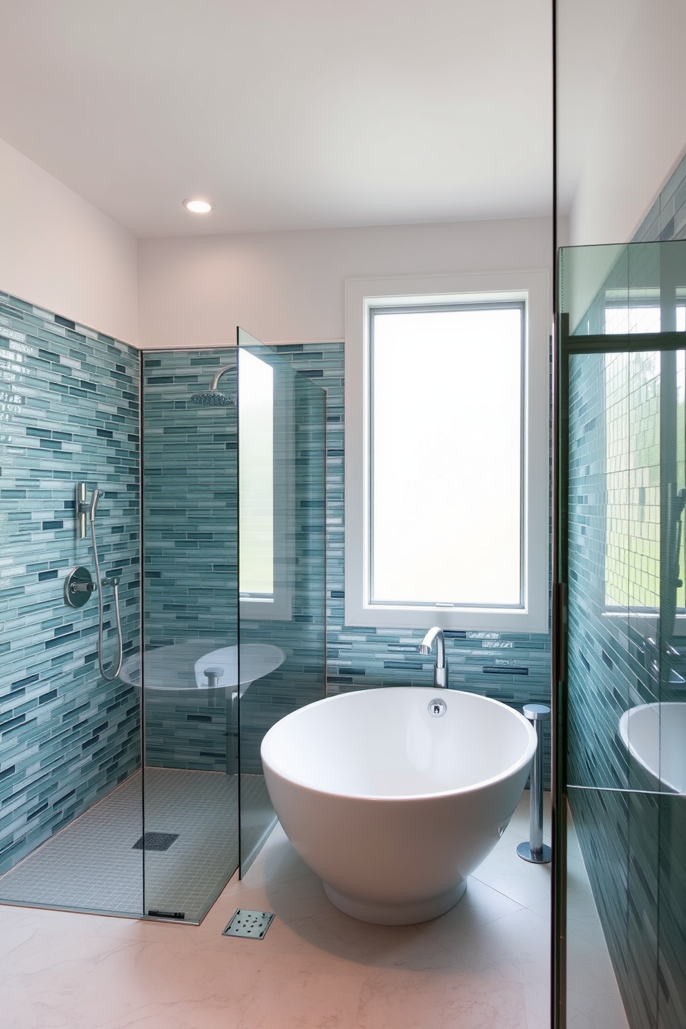 A serene spa bathroom featuring a freestanding soaking tub positioned near a large window that allows natural light to flood the space. The walls are adorned with shimmering glass tiles in soft blues and greens, creating a tranquil atmosphere. A spacious walk-in shower with a rainfall showerhead is complemented by glass tiles that continue the modern theme. Soft, ambient lighting illuminates the room, enhancing the calming effect of the natural materials used throughout the design.