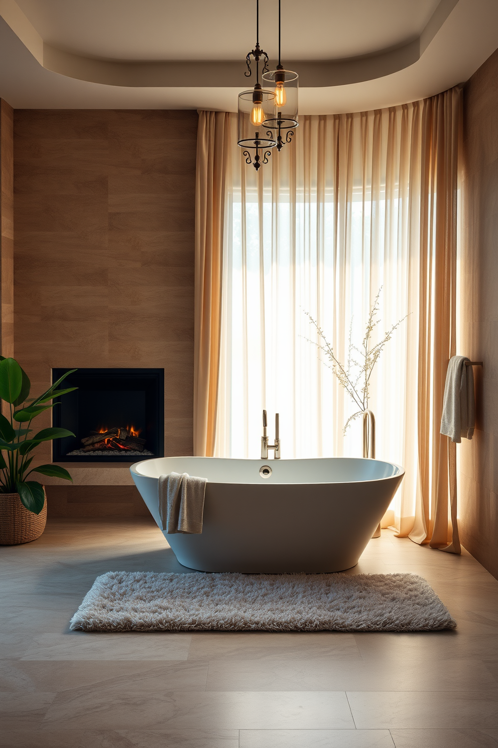 A serene spa bathroom setting featuring a freestanding soaking tub positioned near a large window with sheer curtains allowing natural light to filter in. A cozy fireplace is integrated into the wall opposite the tub, creating a warm and inviting atmosphere. The walls are adorned with natural stone tiles in soft earth tones, and the floor is covered with plush, neutral-colored rugs. Elegant pendant lights hang above the tub, casting a gentle glow, while lush greenery is placed strategically around the space for a calming effect.