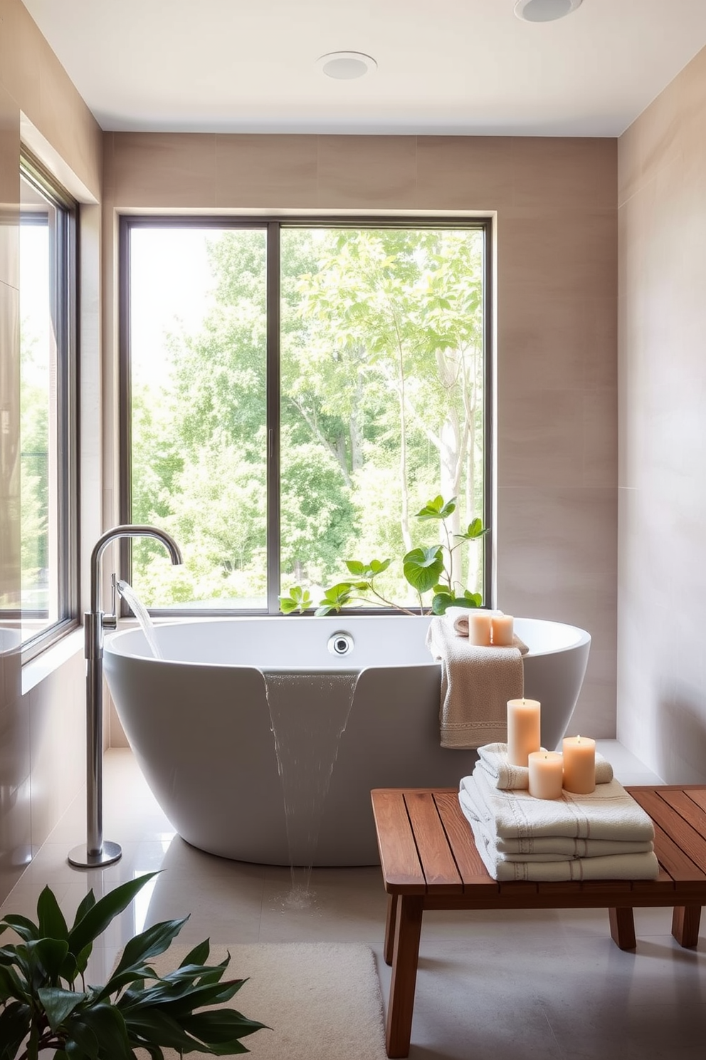 A serene spa bathroom retreat featuring a freestanding soaking tub positioned by a large window that allows natural light to flood the space. The walls are adorned with soft beige tiles, and lush greenery is placed around the tub for a calming atmosphere. Incorporate a waterfall faucet that cascades gently into the tub, enhancing the luxurious feel of the design. A wooden bench sits nearby, adorned with plush towels and candles to create a tranquil spa-like experience.