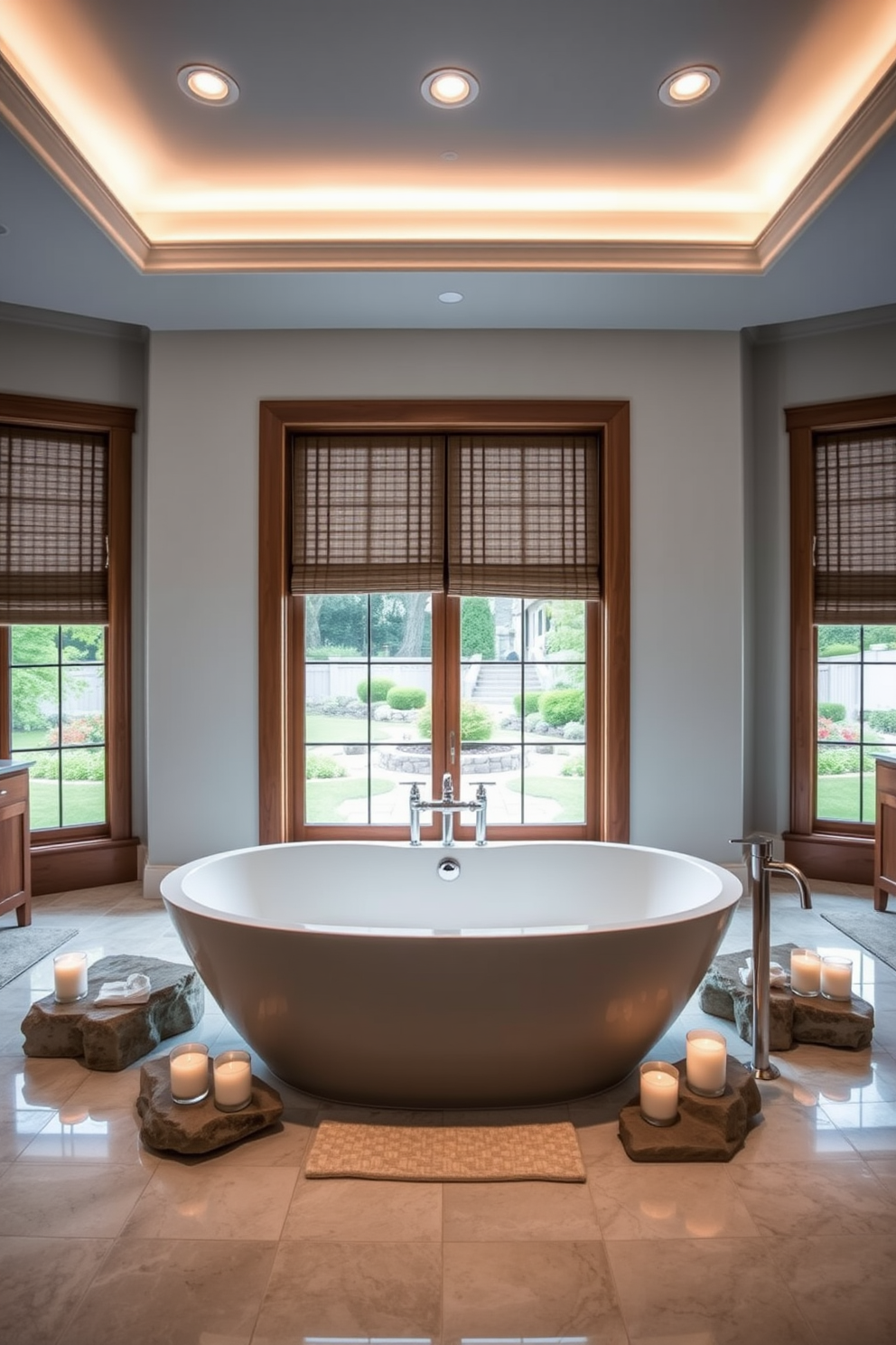 A luxurious spa bathroom featuring a spacious rain shower with multiple showerheads cascading water from the ceiling. The walls are adorned with natural stone tiles, and soft ambient lighting creates a serene atmosphere.