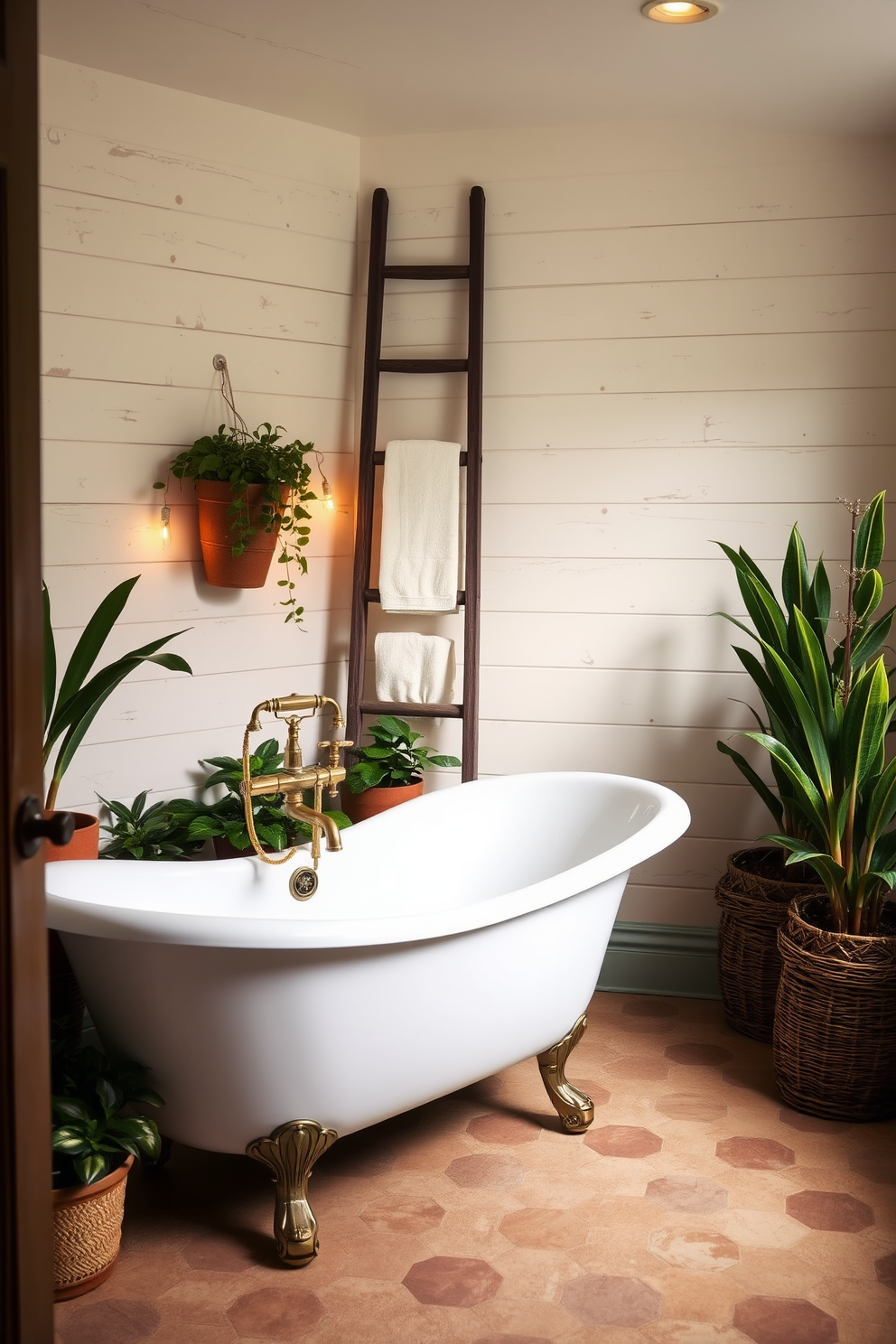 A serene spa bathroom that incorporates vintage elements for charm. The space features a freestanding clawfoot bathtub with an antique brass faucet, surrounded by potted plants and soft, ambient lighting. There is a vintage wooden ladder repurposed as a towel rack leaning against the wall. The walls are adorned with distressed shiplap, and the floor boasts elegant hexagonal tiles in soft earth tones.