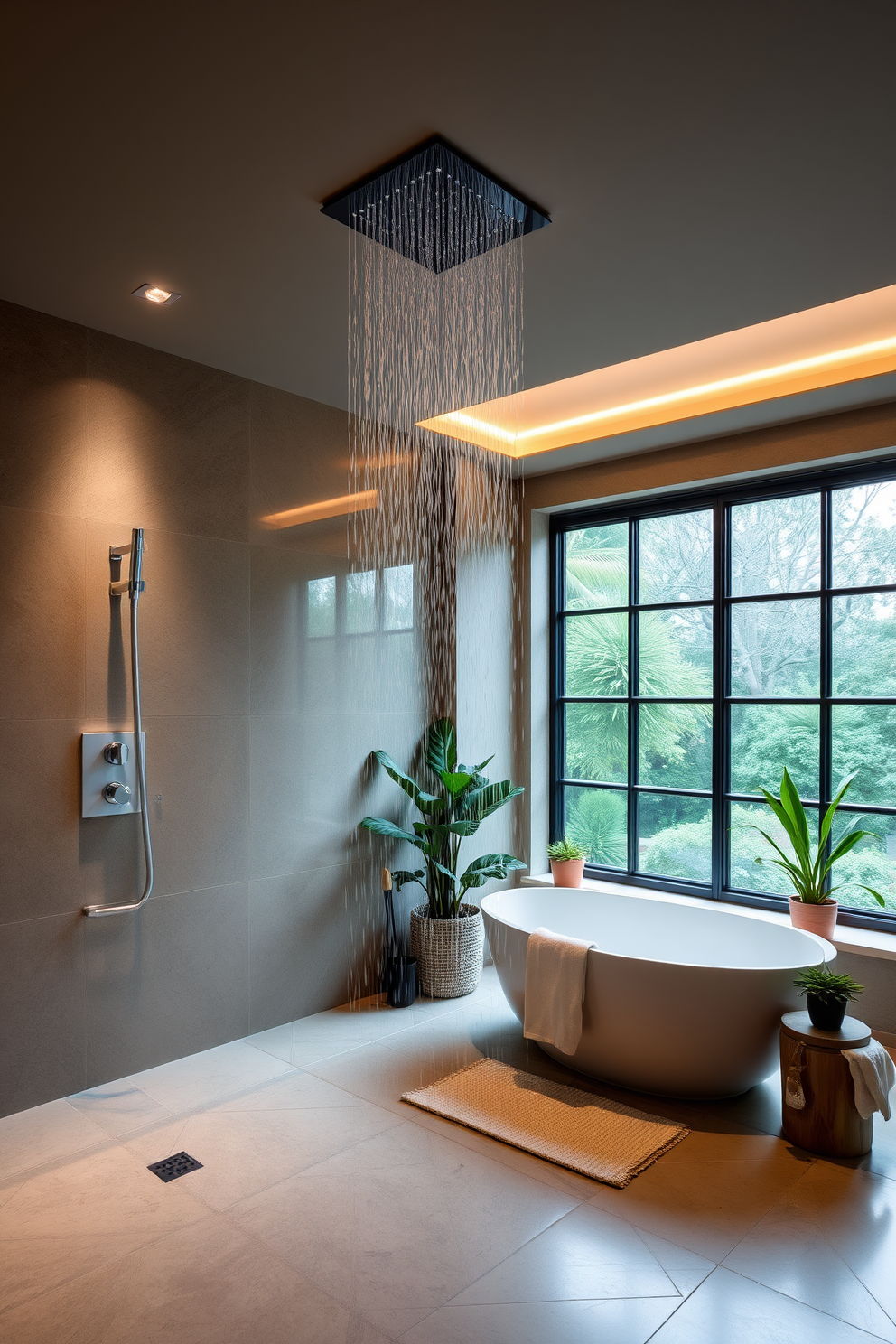 A serene spa bathroom featuring a luxurious rain showerhead that cascades water gently from above. The space is adorned with natural stone tiles and soft ambient lighting to create a tranquil atmosphere. Incorporate a freestanding soaking tub positioned near a large window that allows for plenty of natural light. Surround the tub with potted plants and plush towels for an inviting and relaxing retreat.