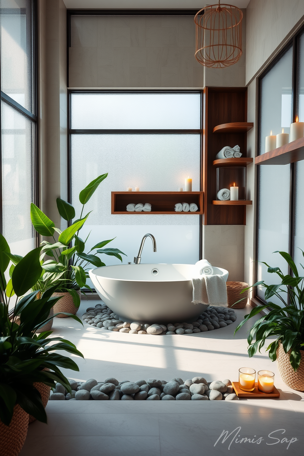 A serene spa bathroom setting that embodies tranquility and relaxation. Soft natural light filters through frosted glass windows, illuminating the space filled with lush indoor plants strategically placed around the room. The centerpiece is a freestanding soaking tub surrounded by smooth pebbles and greenery. Elegant wooden shelves hold neatly rolled towels and aromatic candles, enhancing the calming atmosphere.