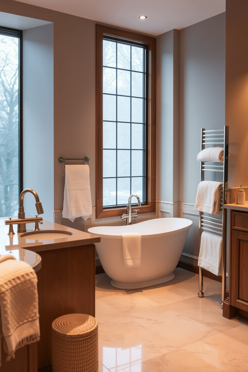 A serene spa bathroom setting with soft lighting that creates a calming atmosphere. The space features a freestanding soaking tub positioned near a large window, allowing natural light to filter in. Elegant fixtures in brushed nickel complement the warm wood cabinetry. Plush towels are neatly arranged on a heated towel rack, enhancing the luxurious experience.