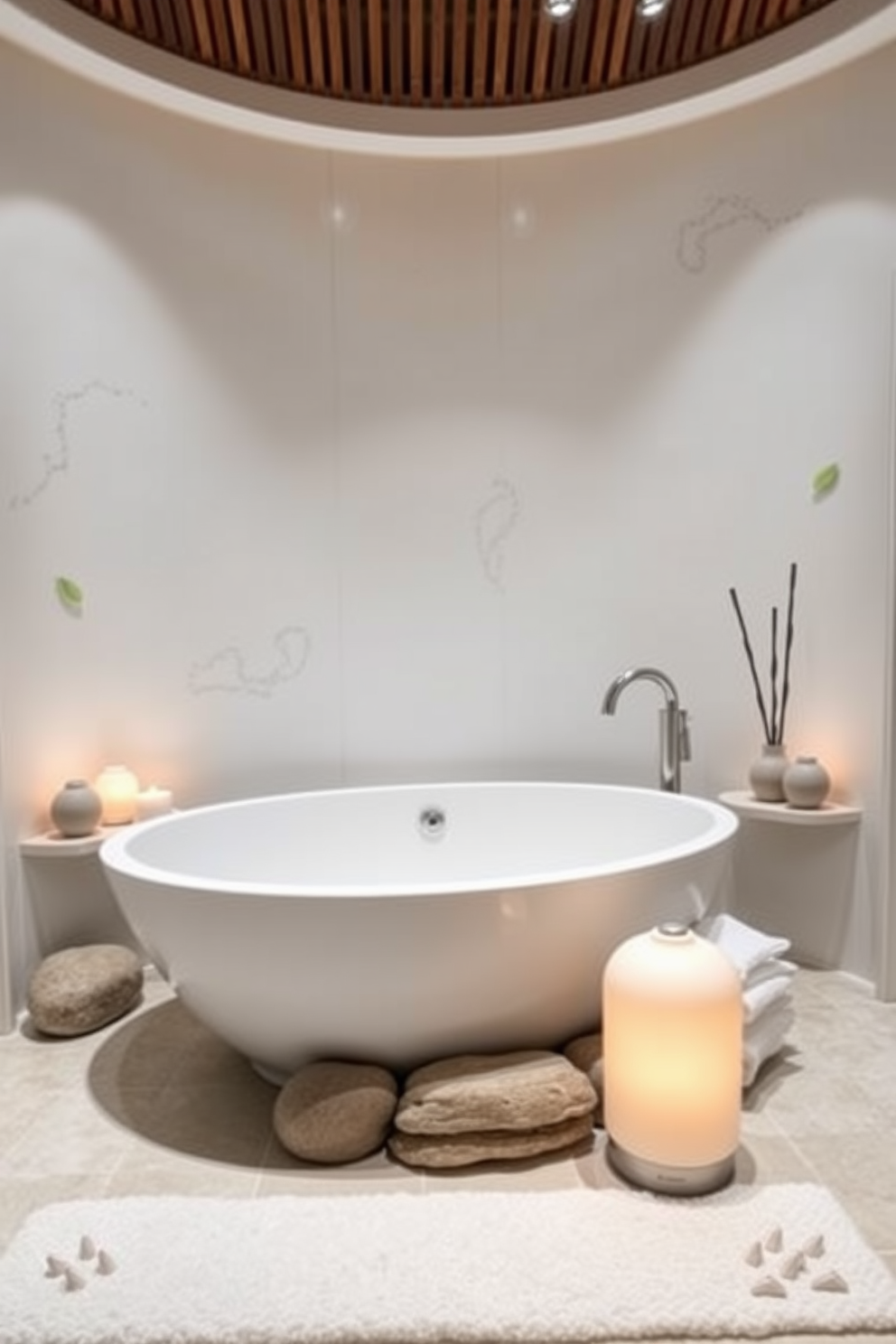 A tranquil spa bathroom setting designed for relaxation. Aromatherapy diffusers are placed strategically around the room, emitting soothing scents that create a calming atmosphere. The centerpiece is a freestanding soaking tub surrounded by natural stone accents. Soft lighting illuminates the space, enhancing the serene ambiance and inviting relaxation.