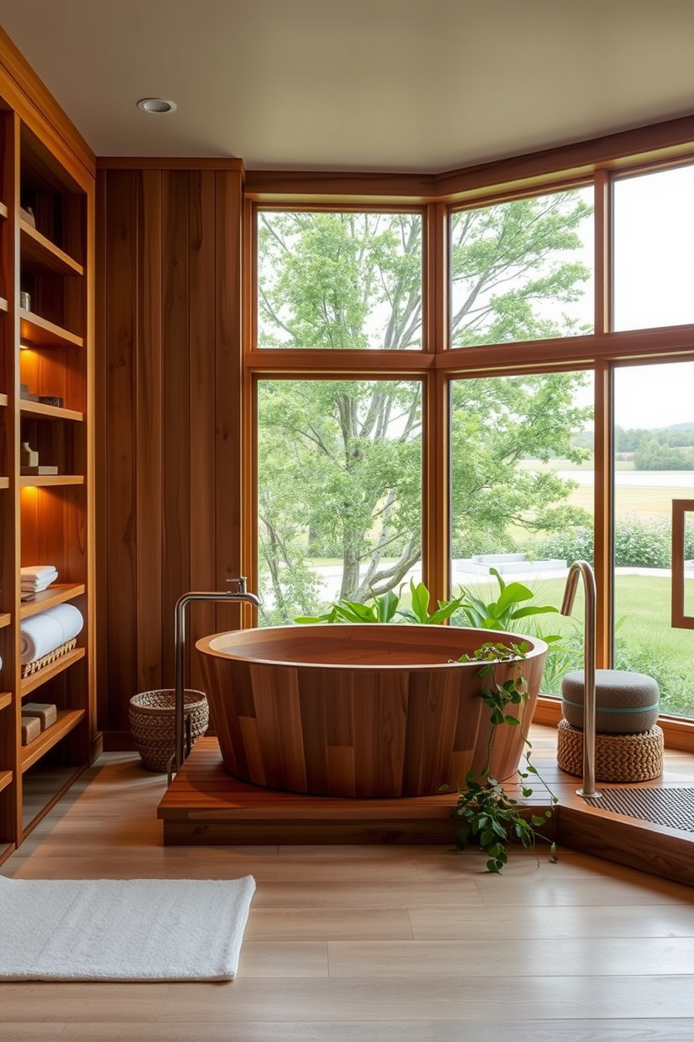 A serene spa bathroom setting featuring warm wood elements throughout the space. The wooden cabinetry and shelving create a cozy atmosphere, complemented by soft lighting that enhances the natural materials. A freestanding wooden soaking tub sits in the center, surrounded by lush greenery for a tranquil retreat. Large windows allow natural light to flood the room, offering views of a peaceful outdoor landscape.