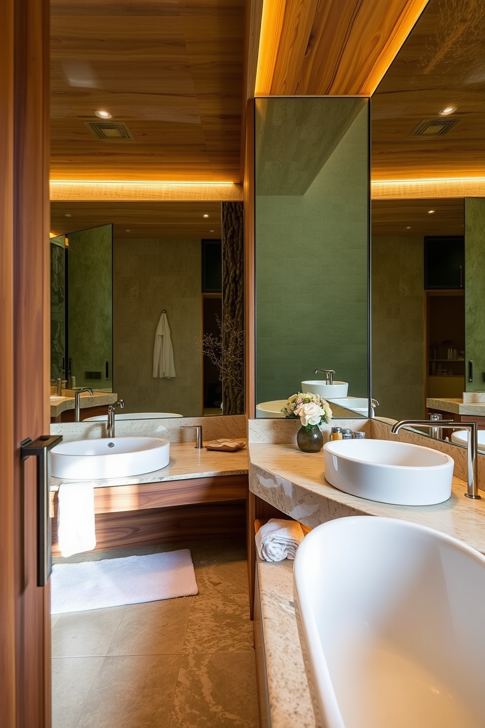 A spa-inspired bathroom featuring large mirrors that create an illusion of spaciousness. The design incorporates natural materials such as wood and stone, with soft lighting to enhance a tranquil atmosphere.