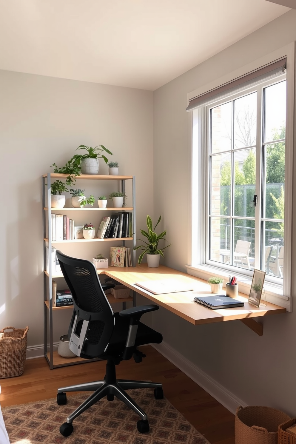 A cozy corner desk is positioned near a large window, allowing natural light to flood the space. The desk is made of light wood and features a comfortable ergonomic chair, creating an inviting workspace. The walls are painted in a soft pastel color, enhancing the warmth of the room. A small bookshelf filled with plants and books adds a touch of personality to the spare bedroom office design.