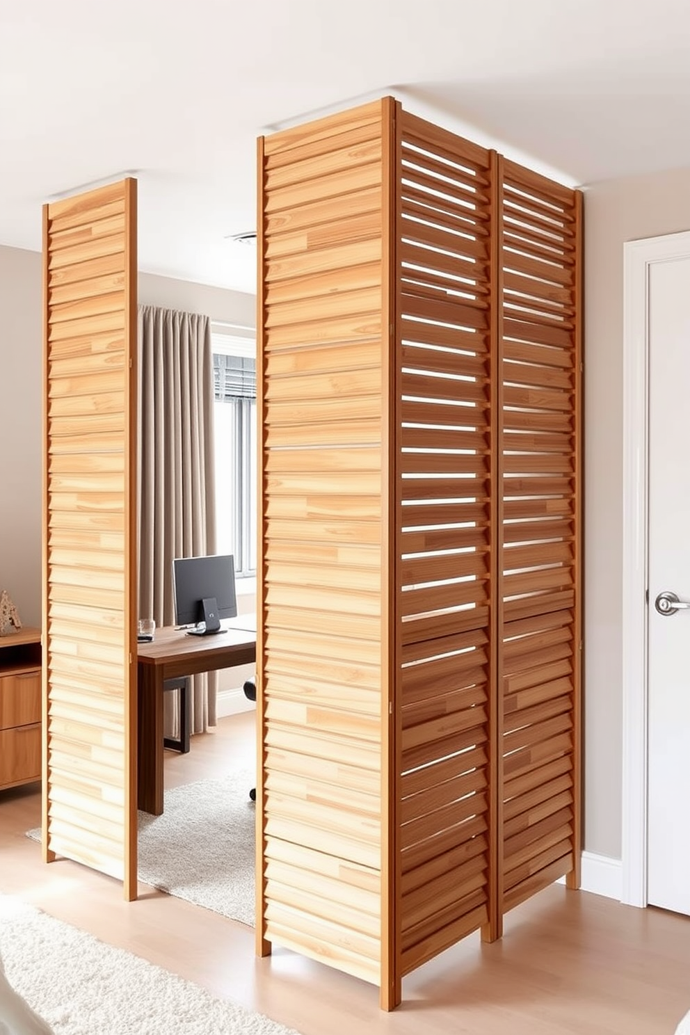 A stylish room divider made of natural wood slats creates a sense of privacy and separation in the open space. The divider features a modern design that complements the overall aesthetic of the spare bedroom office. The spare bedroom office is designed with a comfortable desk and ergonomic chair positioned by a window for natural light. Soft, muted colors on the walls and a cozy rug underfoot enhance the inviting atmosphere of the workspace.