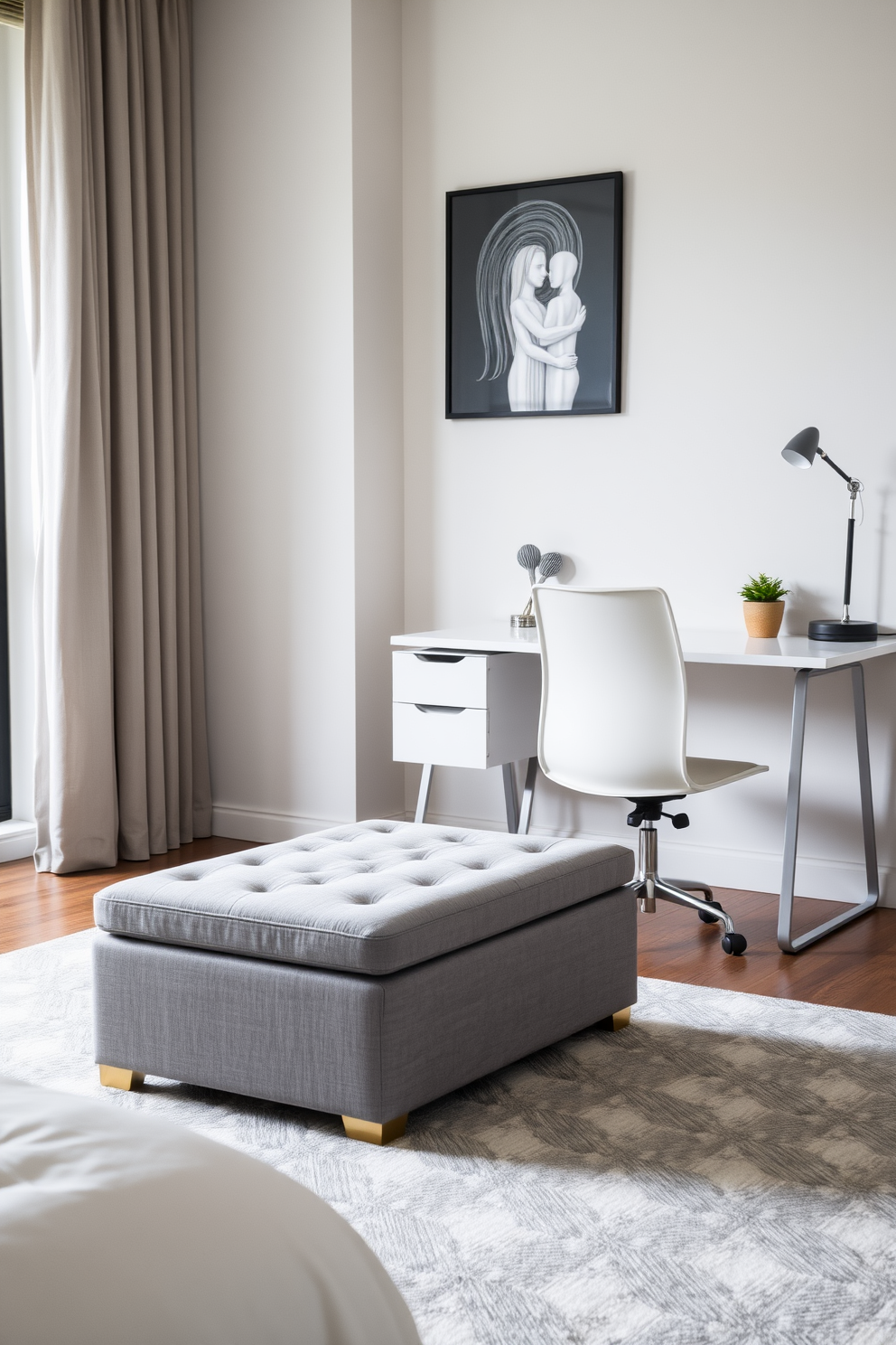 A cozy spare bedroom office that combines comfort and functionality. The room features a plush bed with soft linens and a stylish desk made of reclaimed wood. The walls are adorned with a warm taupe paint, creating a soothing atmosphere. A large window allows natural light to flood the space, complemented by sheer curtains that add a touch of elegance. A comfortable armchair sits in the corner, inviting relaxation or reading. Decorative elements include a mix of textured throw pillows and a woven rug that ties the room together.