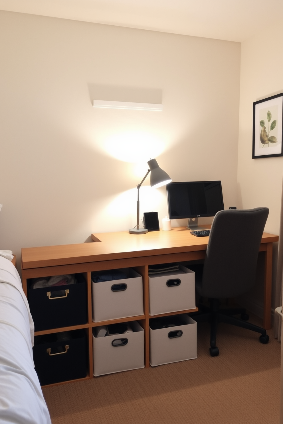 A cozy spare bedroom designed for comfort and functionality. Under the bed, stylish storage boxes are neatly organized to hold seasonal items, keeping the space clutter-free. The room features a compact desk with a comfortable chair, perfect for a home office setup. Soft lighting from a desk lamp creates a warm atmosphere, making it an ideal workspace.