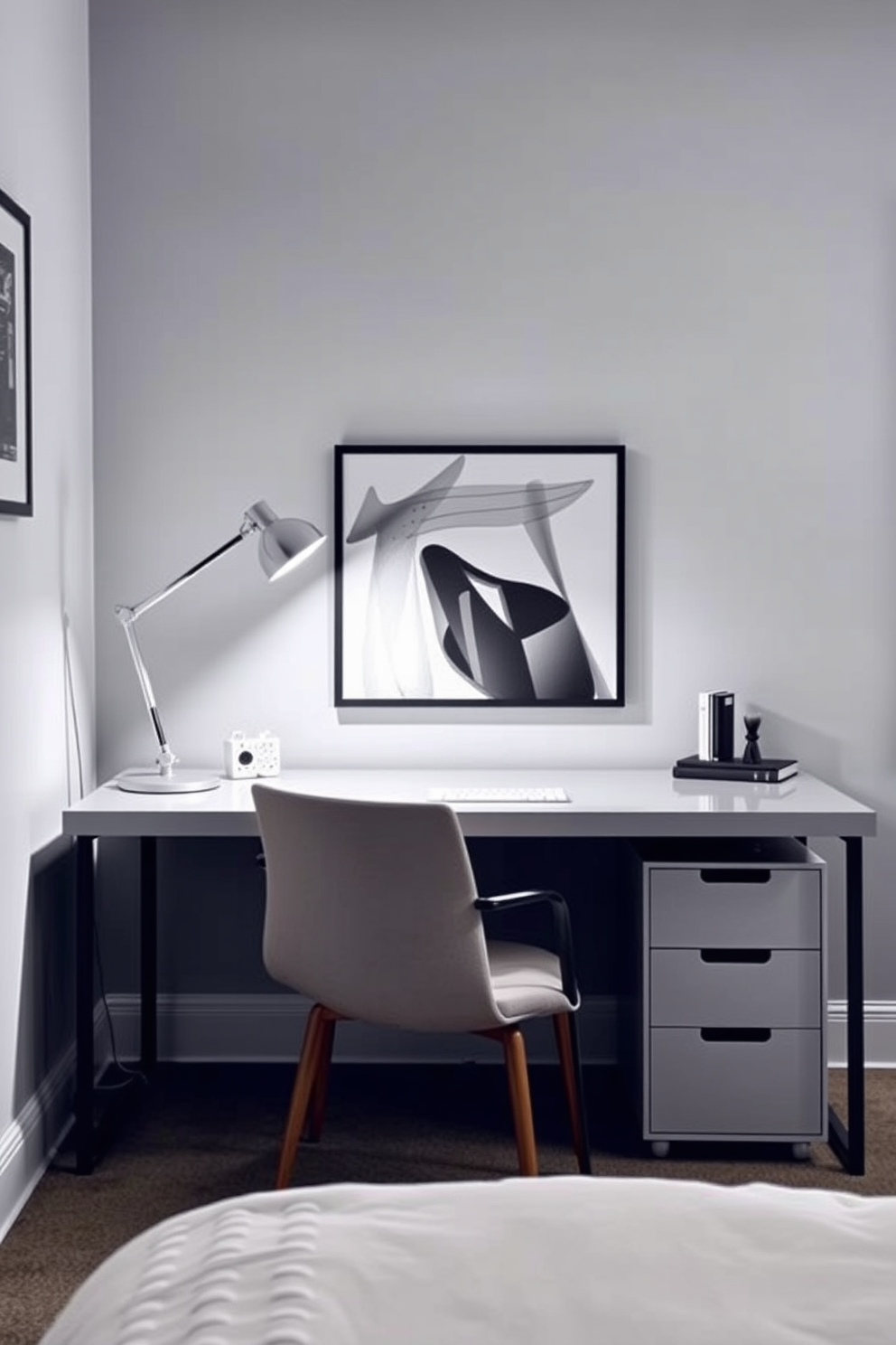 A stylish spare bedroom office features a sleek desk with a modern desk lamp that offers adjustable brightness options. The walls are painted in a soft gray, and a comfortable chair complements the workspace, creating an inviting atmosphere for productivity.