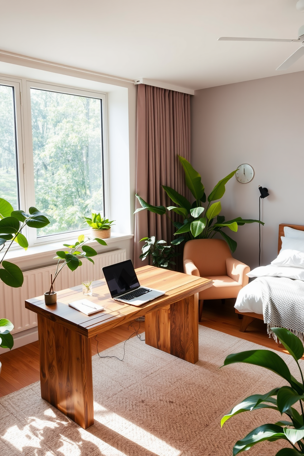 A serene spare bedroom office setting. There is a sleek desk made of reclaimed wood positioned near a large window, allowing natural light to flood the space. A comfortable bed with soft linens is placed against one wall, complemented by a cozy armchair in the corner. Lush green plants are scattered throughout the room, bringing fresh air vibes and a touch of nature indoors.