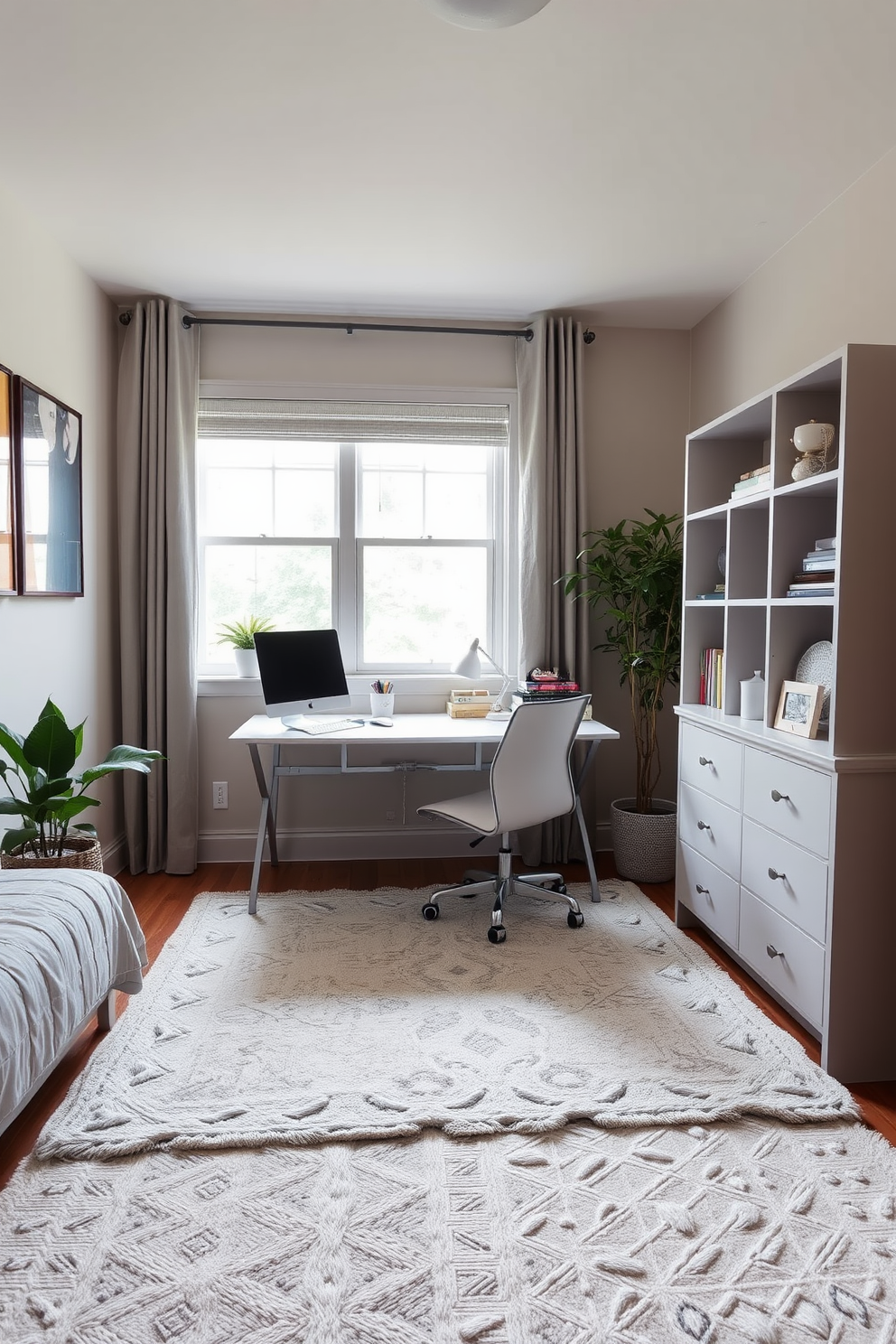 A cozy daybed is positioned against a wall, adorned with plush cushions in soft pastel colors. A stylish desk is placed nearby, featuring a sleek lamp and organized stationery, creating an inviting space for both lounging and productivity. The room is designed with warm lighting that enhances the tranquil atmosphere, complemented by a soft area rug underfoot. Large windows allow natural light to fill the space, while sheer curtains add an elegant touch, ensuring privacy without sacrificing brightness.