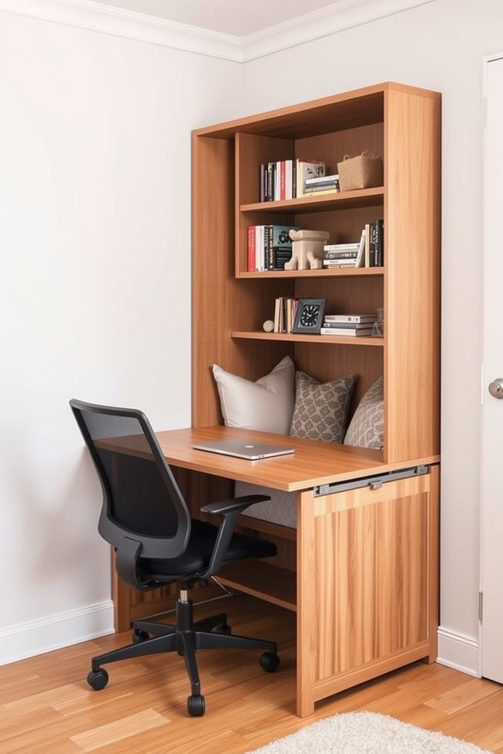 A creative pinboard filled with various textures and colors serves as a focal point for the space. The pinboard is surrounded by a cozy reading nook featuring a plush armchair and a small side table. The spare bedroom office design incorporates a sleek desk made of reclaimed wood. A comfortable ergonomic chair complements the desk, while soft lighting creates a warm and inviting atmosphere.