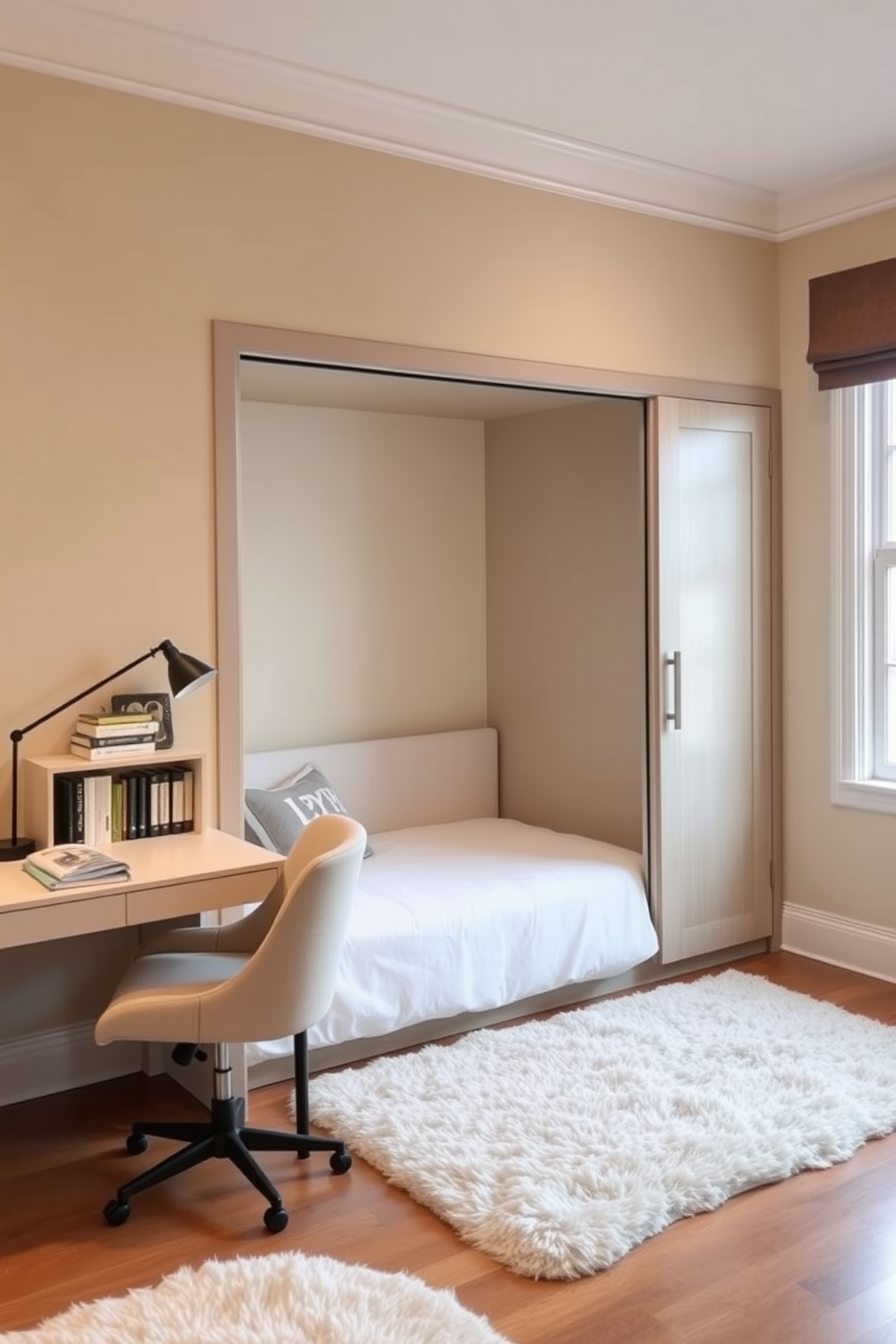 A cozy spare bedroom features a stylish Murphy bed that folds seamlessly into the wall when not in use. The room is designed with a modern desk and comfortable chair, creating an inviting workspace that maximizes functionality. The walls are painted in a soft beige tone, enhancing the room's warmth and charm. A small bookshelf is placed beside the desk, providing storage for books and decorative items, while a plush area rug adds comfort underfoot.