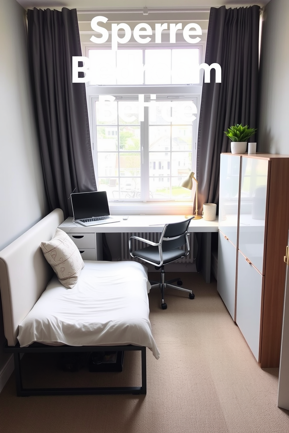 Lightweight furniture creates a versatile and inviting spare bedroom office that can be easily rearranged to suit different needs. A sleek desk with a minimalist design complements a comfortable chair, while a foldable bed provides extra sleeping space without compromising on style.