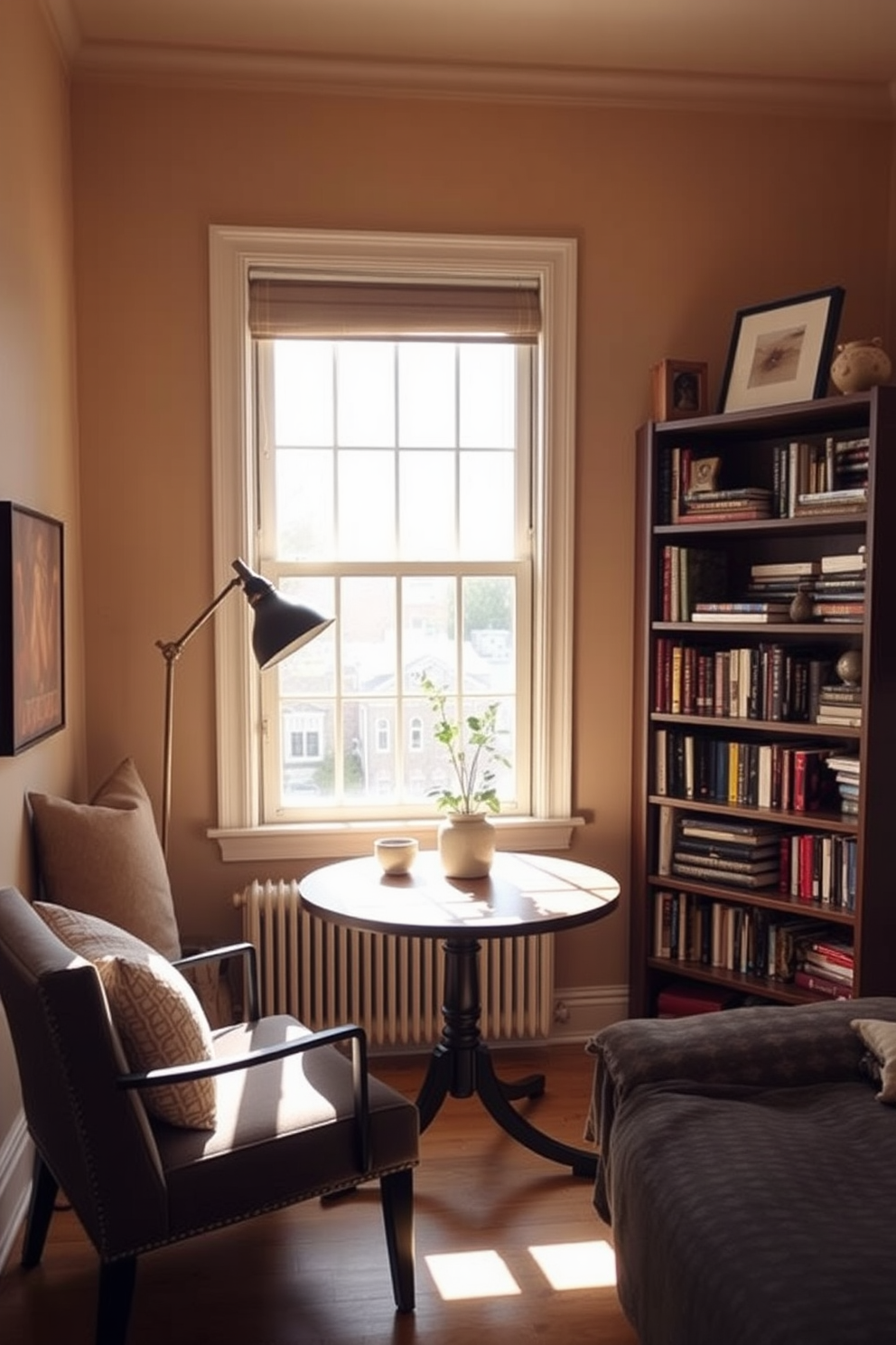 A cozy spare bedroom office features a small round table positioned near a window. The table is surrounded by comfortable chairs, creating an inviting space for brainstorming sessions. Soft natural light floods the room, highlighting the warm color palette of the walls and furnishings. A stylish bookshelf filled with books and decorative items adds personality to the space.