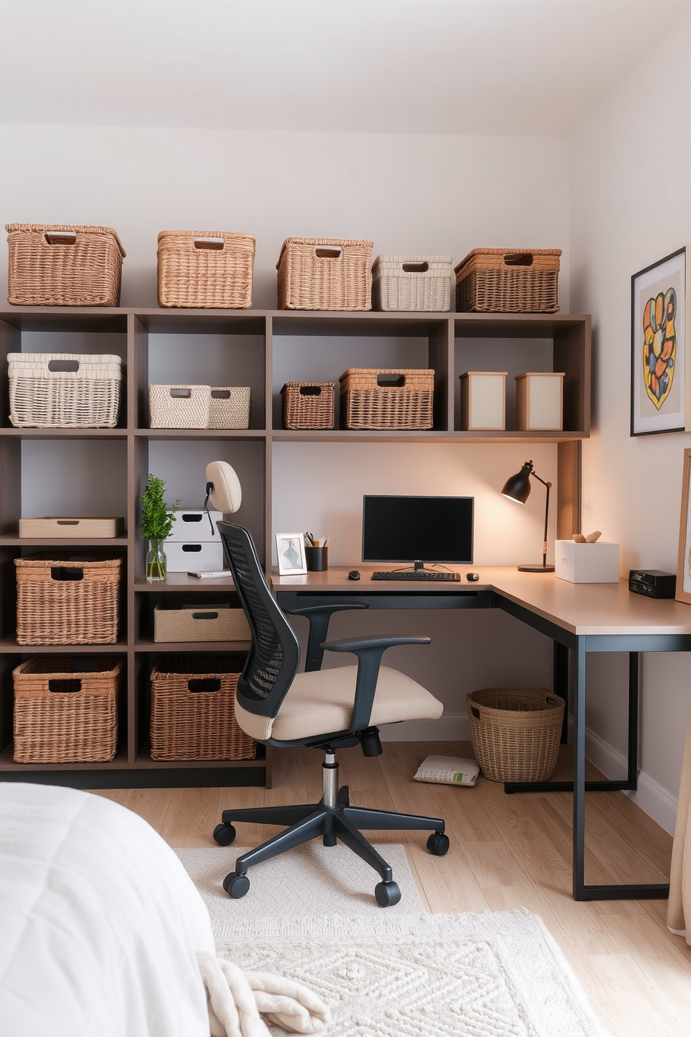 A stylish rug anchors the workspace, adding warmth and texture to the room. The office features a sleek desk paired with a comfortable chair, creating an inviting atmosphere for productivity. In the spare bedroom, the office design incorporates light colors and minimalistic decor. A cozy corner with a small bookshelf and a potted plant enhances the serene vibe of the space.