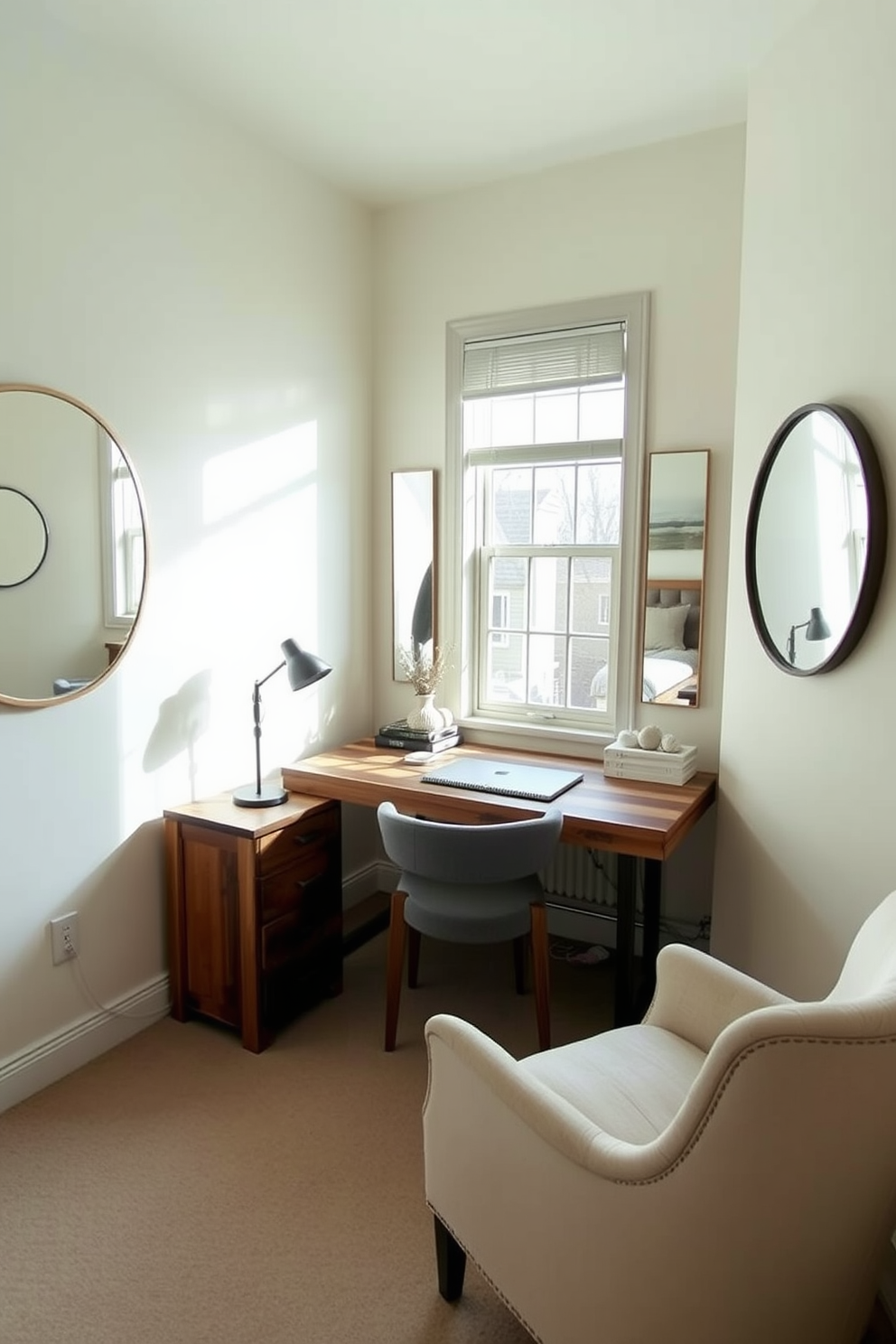 A functional closet designed for office supplies features built-in shelving units that neatly organize folders, notebooks, and stationery. The closet is painted in a soft gray color, with warm LED lighting illuminating the contents for easy access. The spare bedroom office design incorporates a cozy workspace with a sleek desk positioned by a window. A comfortable chair complements the desk, while decorative elements like a bulletin board and potted plants add a personal touch to the space.