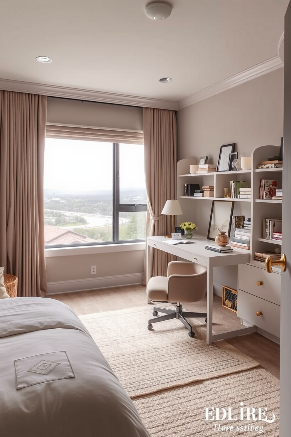 A cozy spare bedroom office designed with a desk positioned near a large window to take advantage of the beautiful views. The room features soft neutral tones, a comfortable chair, and shelves filled with books and decorative items to create an inspiring workspace.