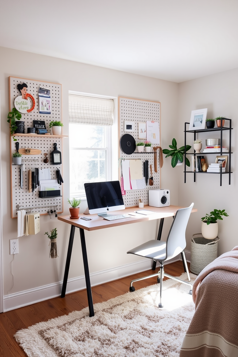 A cozy spare bedroom office features a stylish pegboard mounted on the wall for organized storage. The pegboard displays an array of office supplies, plants, and decorative items, blending functionality with aesthetics. The room is furnished with a comfortable desk positioned near a window, allowing natural light to illuminate the workspace. Soft, neutral tones on the walls create a calming atmosphere, complemented by a plush area rug underfoot.