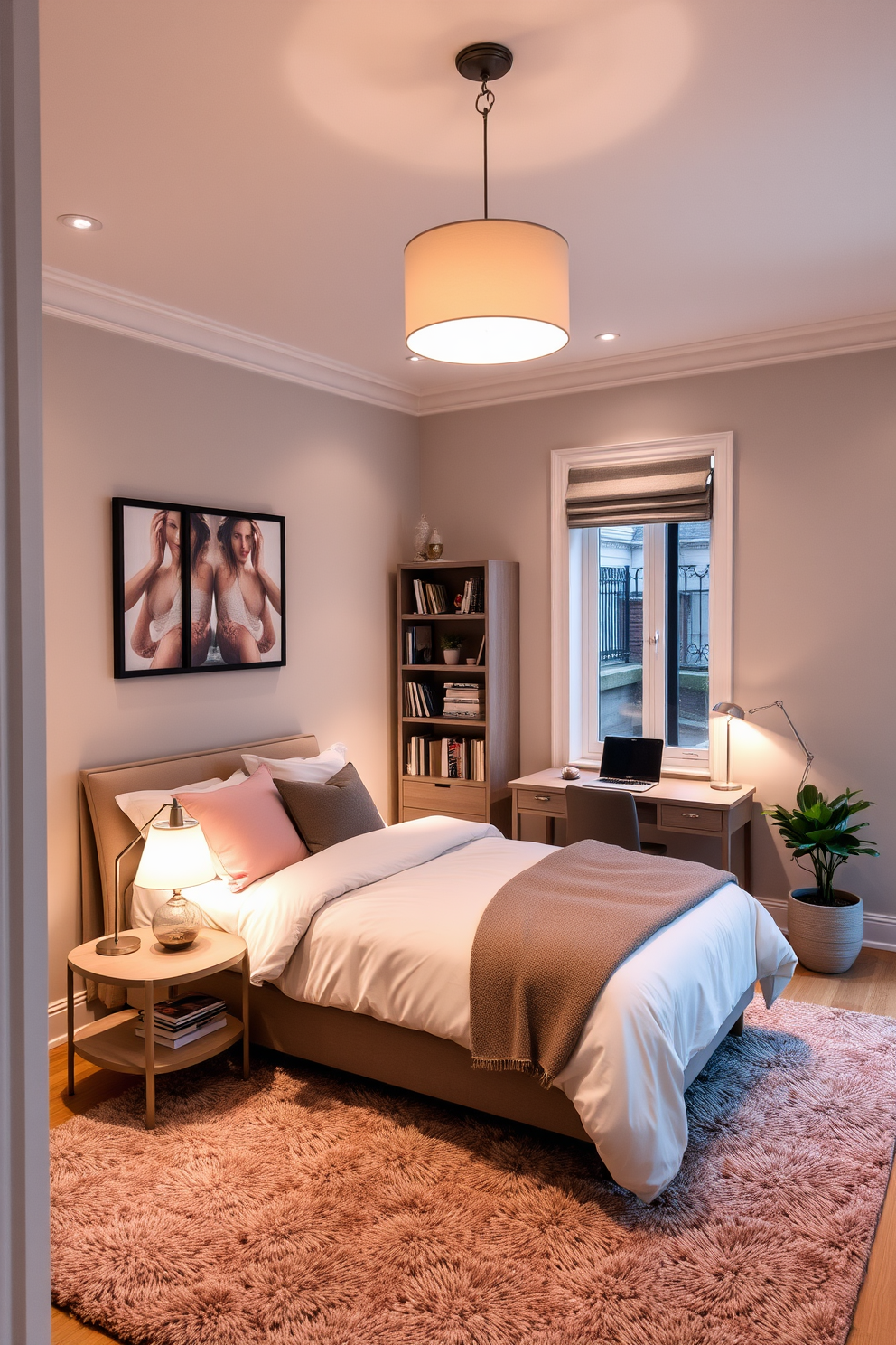 A cozy spare bedroom office featuring a comfortable bed with soft linens and a stylish desk positioned by a window. The room is illuminated with layered lighting including a pendant light, bedside lamps, and recessed ceiling lights to create a warm ambiance. The walls are painted in a calming light gray, complemented by a plush area rug underfoot. A bookshelf filled with books and decorative items adds personality, while a small potted plant brings a touch of nature to the space.