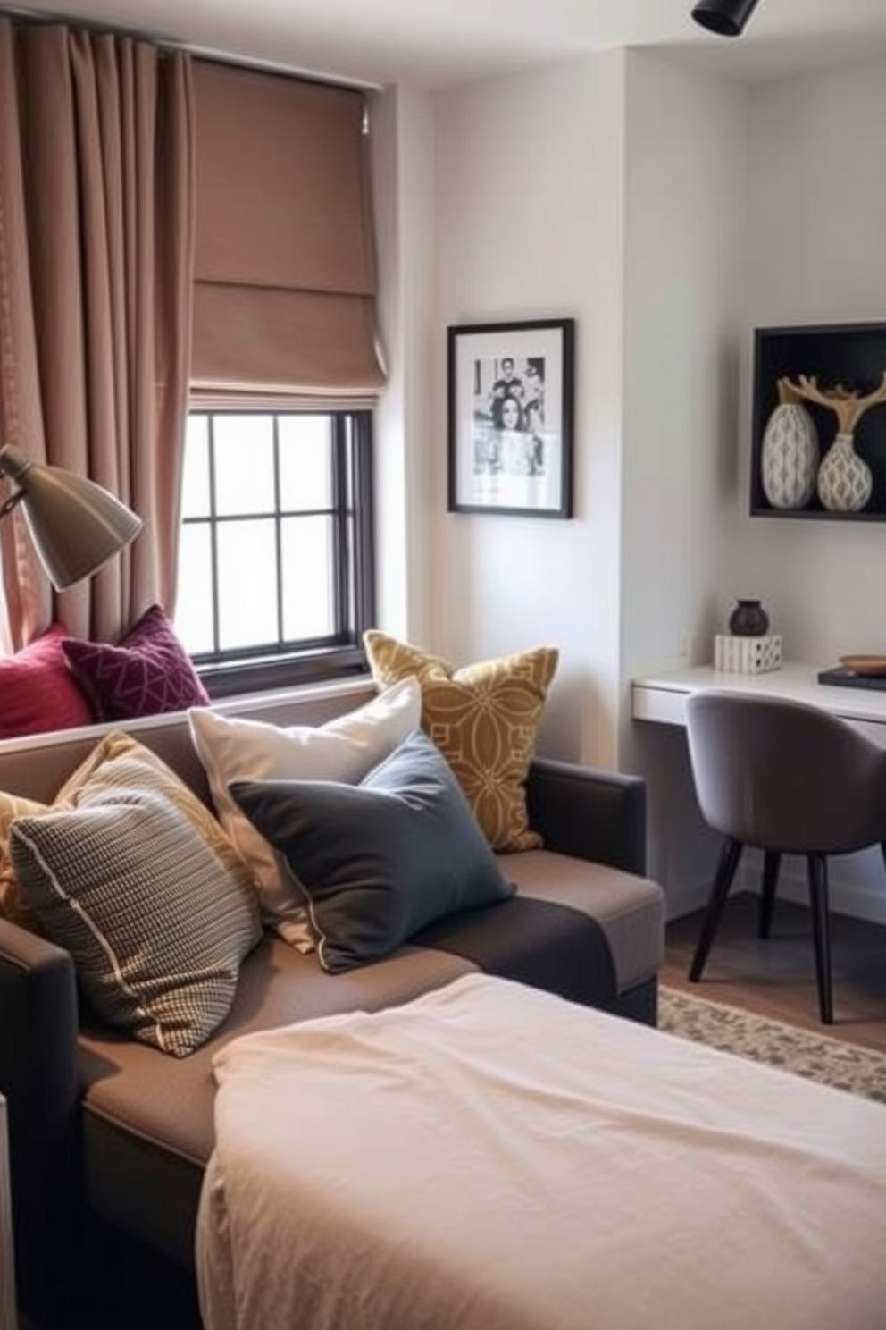 A cozy spare bedroom features a sleek sofa bed adorned with an array of stylish throw pillows in various textures and colors. The room is designed to seamlessly transition from a restful sleeping space to a functional home office, with a small desk and a comfortable chair positioned nearby.