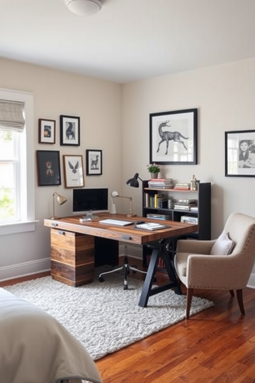 A cozy spare bedroom office features a stylish desk made of reclaimed wood positioned near a window, allowing natural light to flood the space. The walls are adorned with framed artwork that reflects personal interests, while a plush armchair in the corner invites relaxation during breaks. A soft area rug anchors the room, adding warmth and texture to the hardwood floor. Shelves filled with books and decorative items create an inviting atmosphere, making it a perfect blend of productivity and comfort.