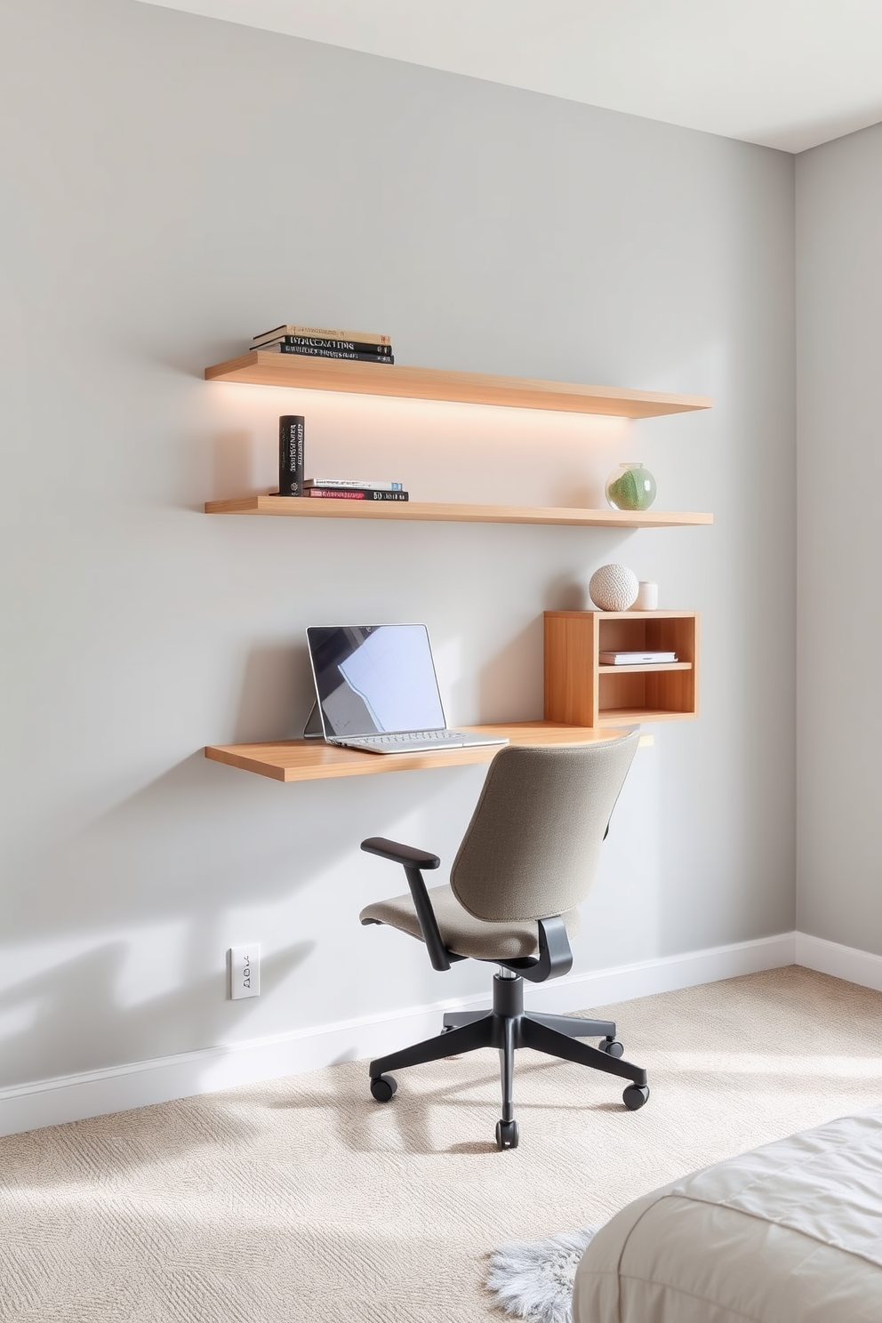 A wall-mounted desk is positioned against a light gray wall, creating a clean and uncluttered workspace. The desk features sleek lines and a natural wood finish, complemented by a comfortable ergonomic chair in a soft fabric. Above the desk, floating shelves display a few carefully curated books and decorative items. A large window allows natural light to flood the space, enhancing the airy feel of the spare bedroom office.