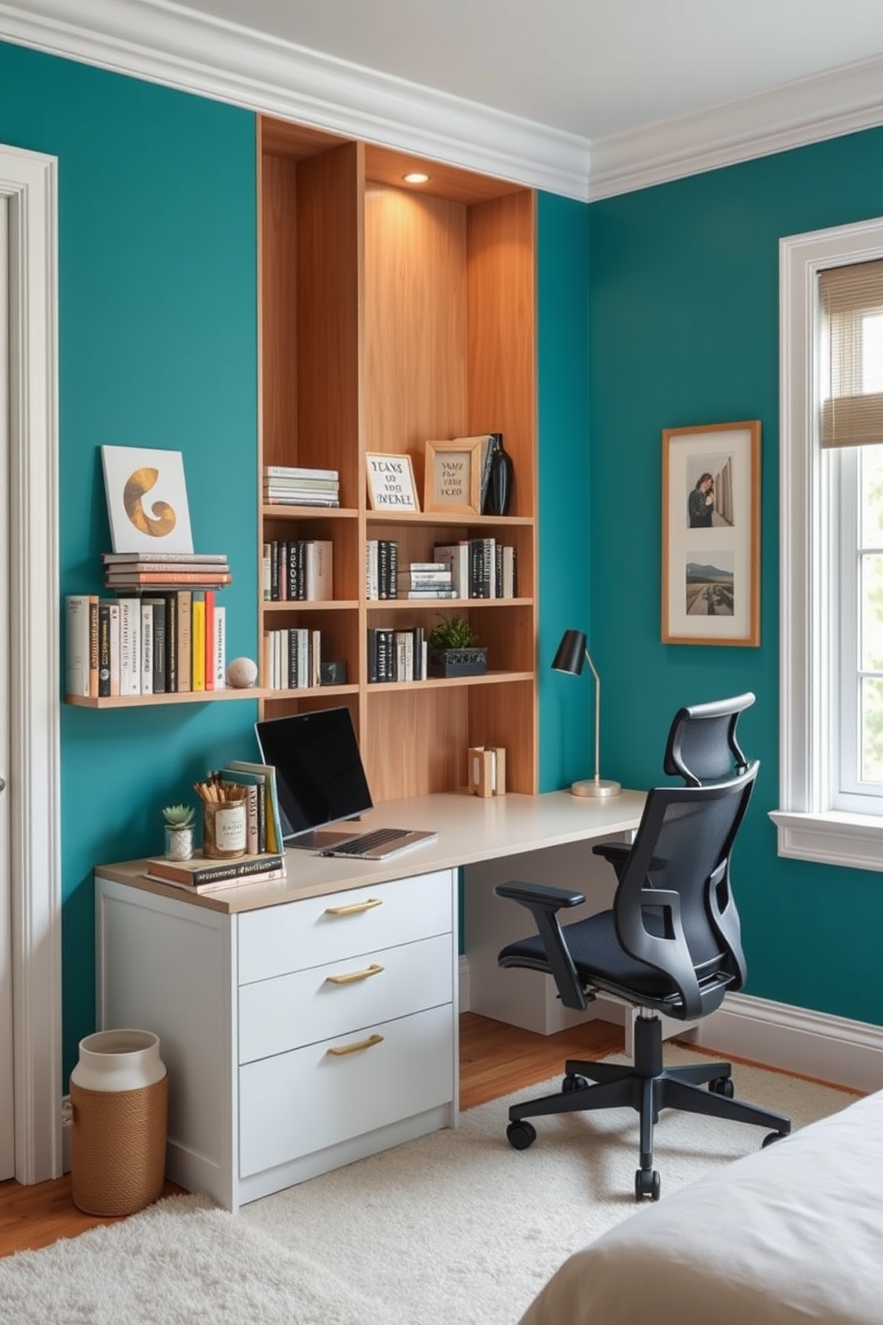 Bright accent wall for creative energy. The wall is painted in a vibrant shade of teal, complemented by white trim and natural wood accents. Spare bedroom office design ideas. A sleek desk is positioned against the wall, paired with a comfortable ergonomic chair and surrounded by shelves filled with books and inspiring decor.