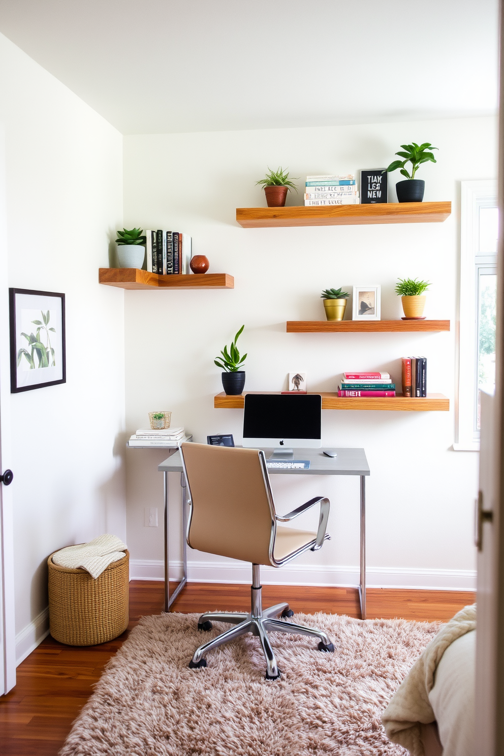 A cozy spare bedroom office features floating shelves made of reclaimed wood, elegantly mounted on the wall. The shelves are adorned with books, decorative items, and small potted plants, creating a warm and inviting atmosphere. The office area includes a sleek desk with a comfortable chair positioned below a window that offers natural light. Soft, neutral colors on the walls and a plush area rug enhance the room's tranquility and functionality.